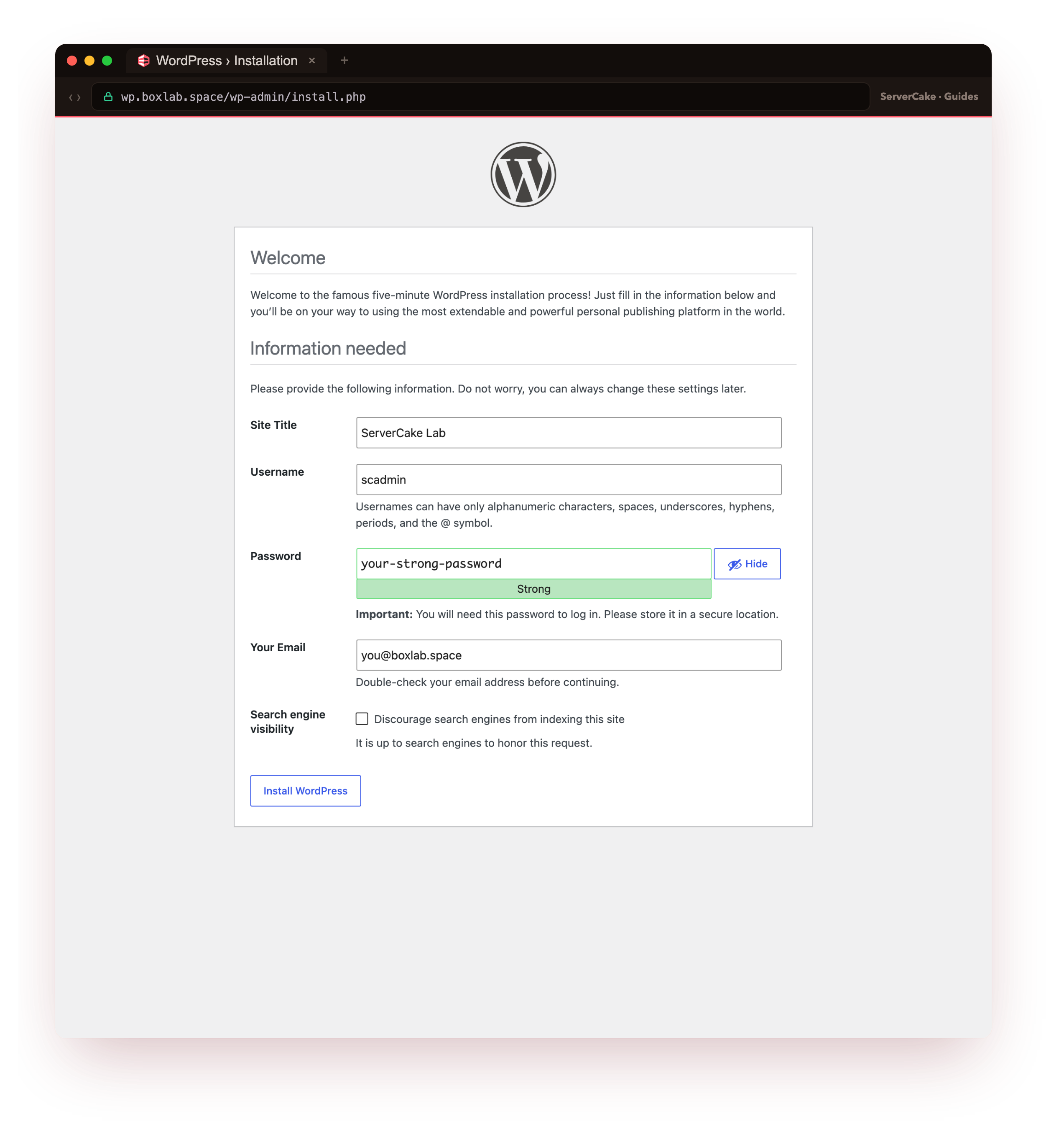 The real WordPress five-minute install wizard at wp.boxlab.space/wp-admin/install.php, the Welcome and Information needed form for site title, username, password and email, with the generated password overwritten by an obvious placeholder