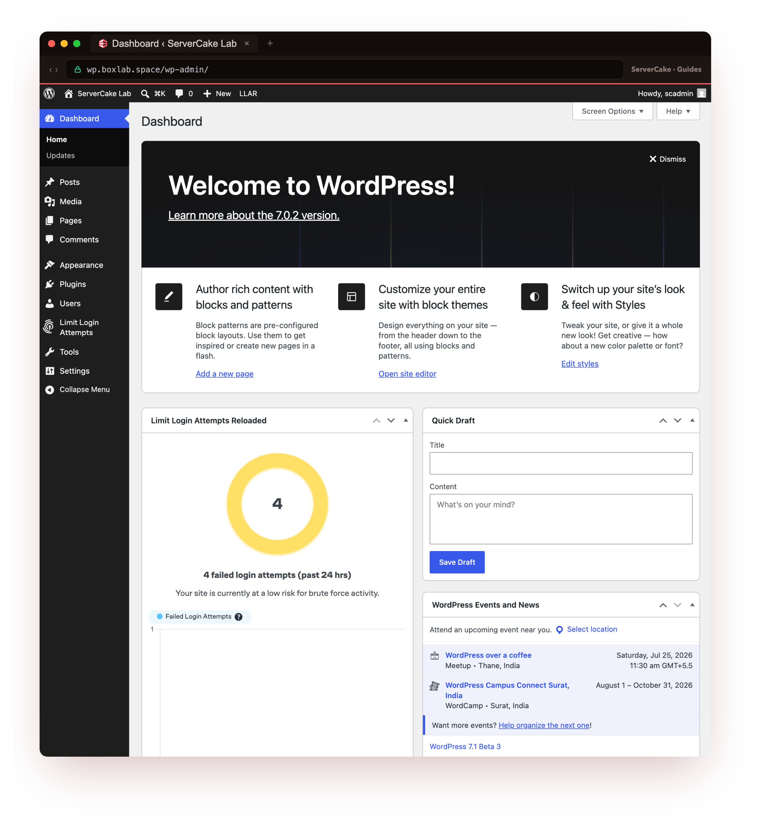 The genuine WordPress 7.0.2 admin dashboard at wp.boxlab.space over real HTTPS, logged in as the site admin, showing the welcome panel, the Limit Login Attempts widget and the live WordPress events feed, framed in the ServerCake browser chrome with the padlock