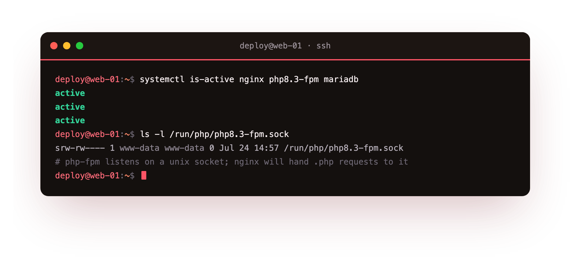 systemctl reporting nginx, php8.3-fpm and mariadb all active, and the php-fpm unix socket under /run/php owned by www-data that nginx will hand PHP requests to