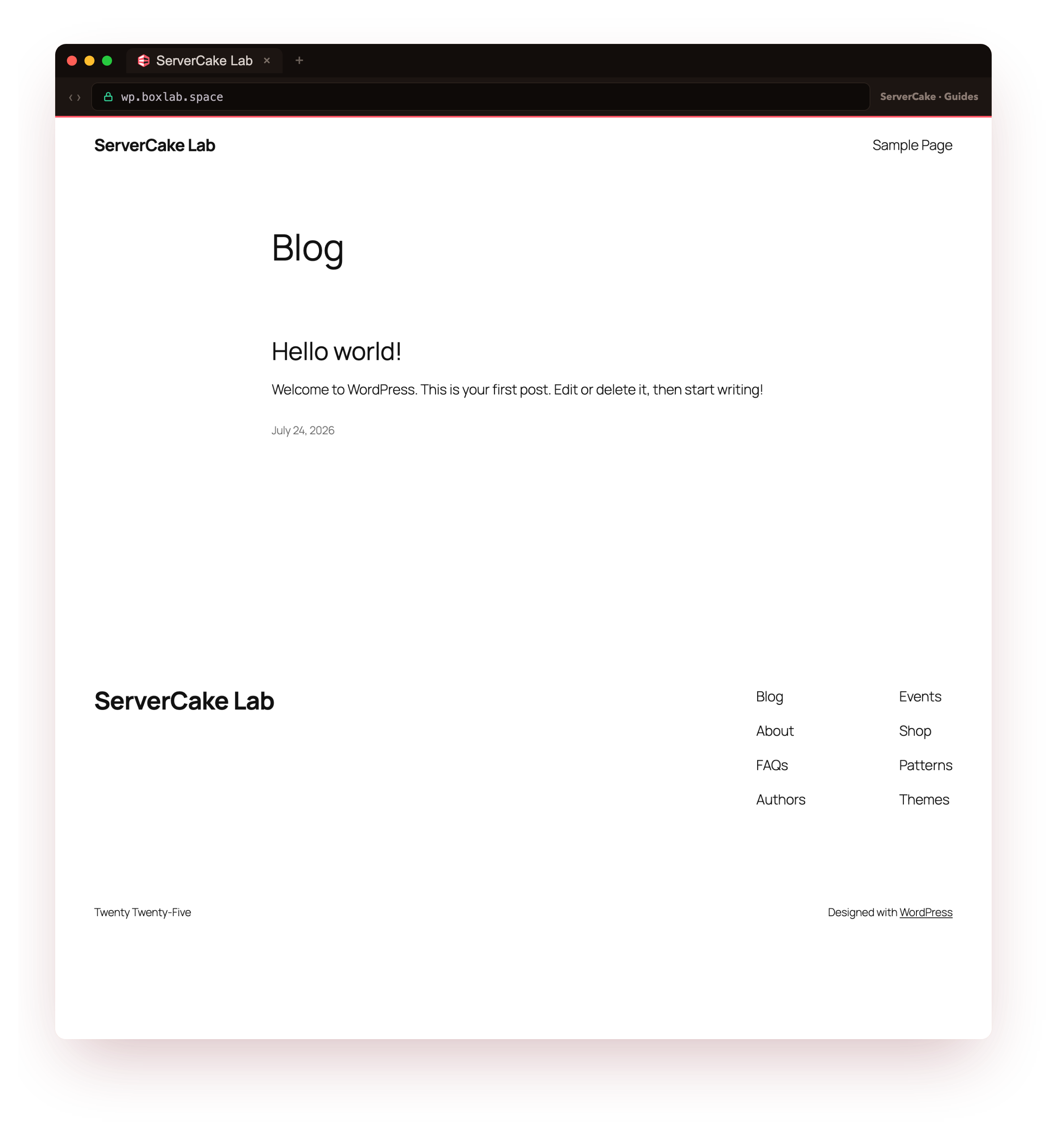 The live public WordPress site at wp.boxlab.space on the default Twenty Twenty-Five block theme, served over real HTTPS with a valid padlock, the genuine front end a visitor sees