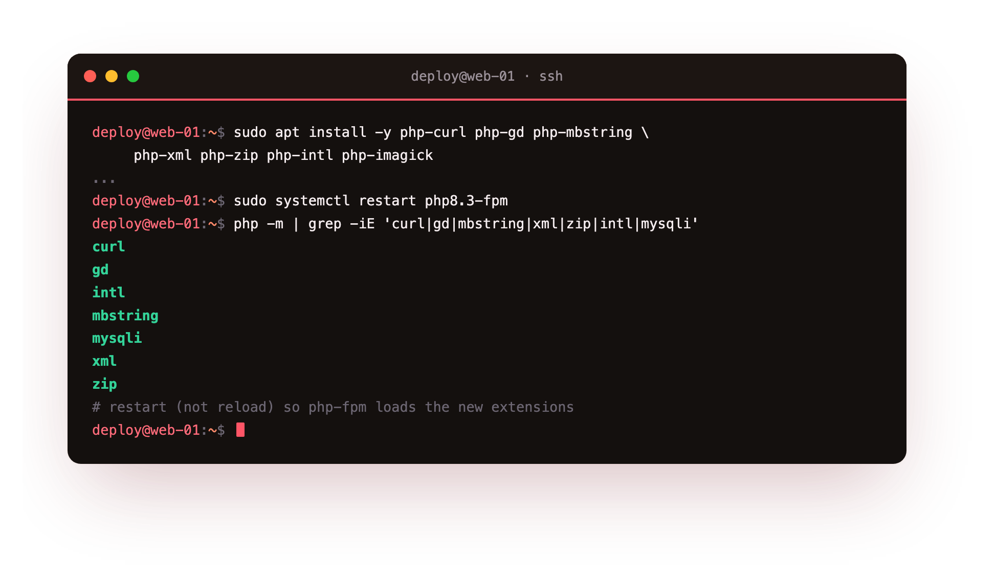 apt installing the PHP extensions WordPress wants for media, translations and feeds, then php -m confirming curl, gd, intl, mbstring, mysqli, xml and zip are loaded after a php-fpm restart