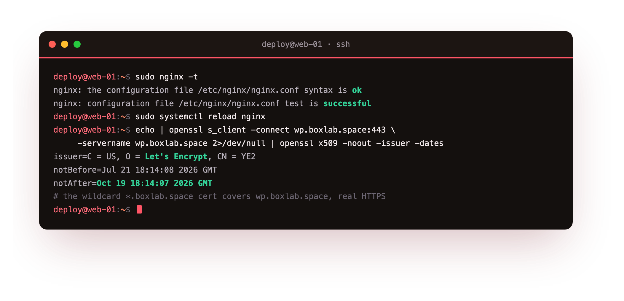 nginx -t reporting the configuration syntax ok and test successful, then openssl confirming the served certificate is issued by Let's Encrypt and covers the domain through the wildcard, real HTTPS