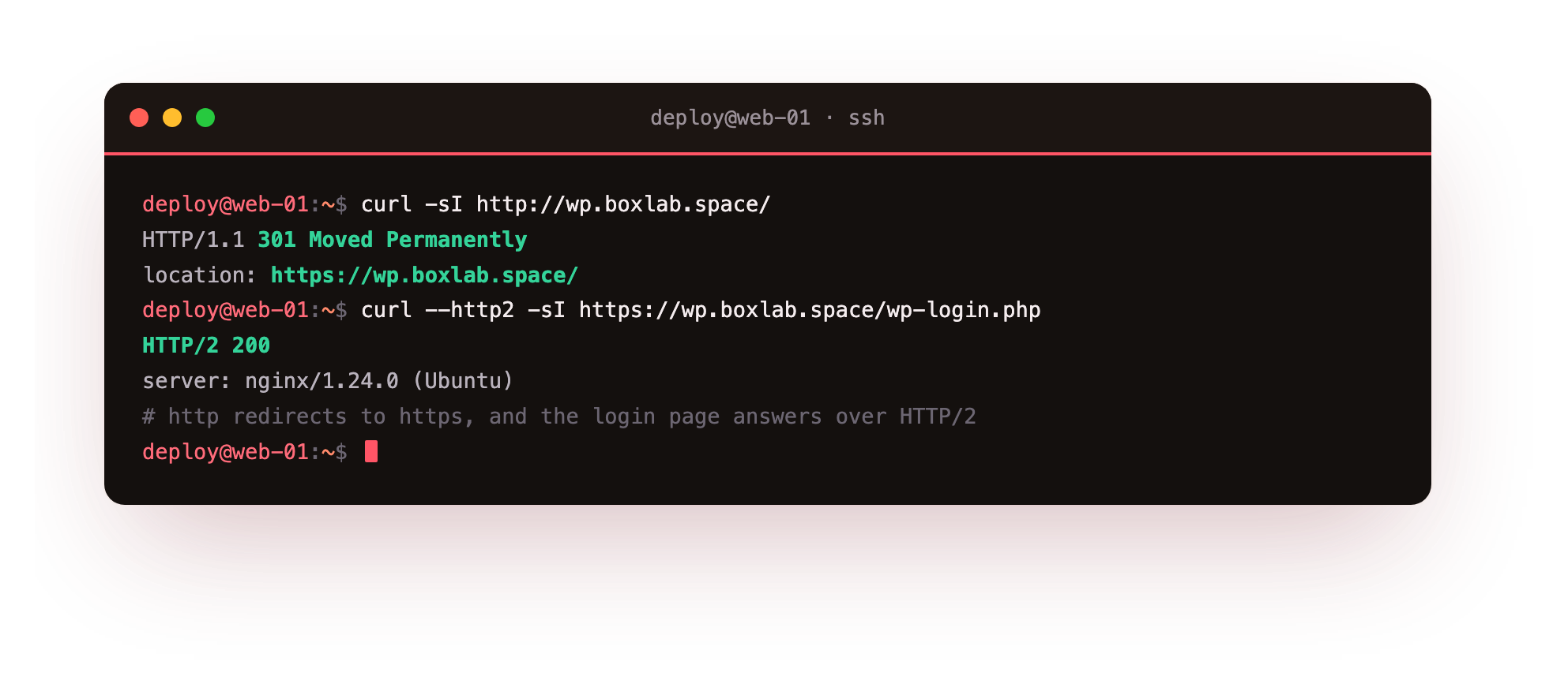 curl showing plain HTTP redirected 301 to HTTPS, and the WordPress login page answering 200 over HTTP/2, proving the domain now serves the site over a real certificate