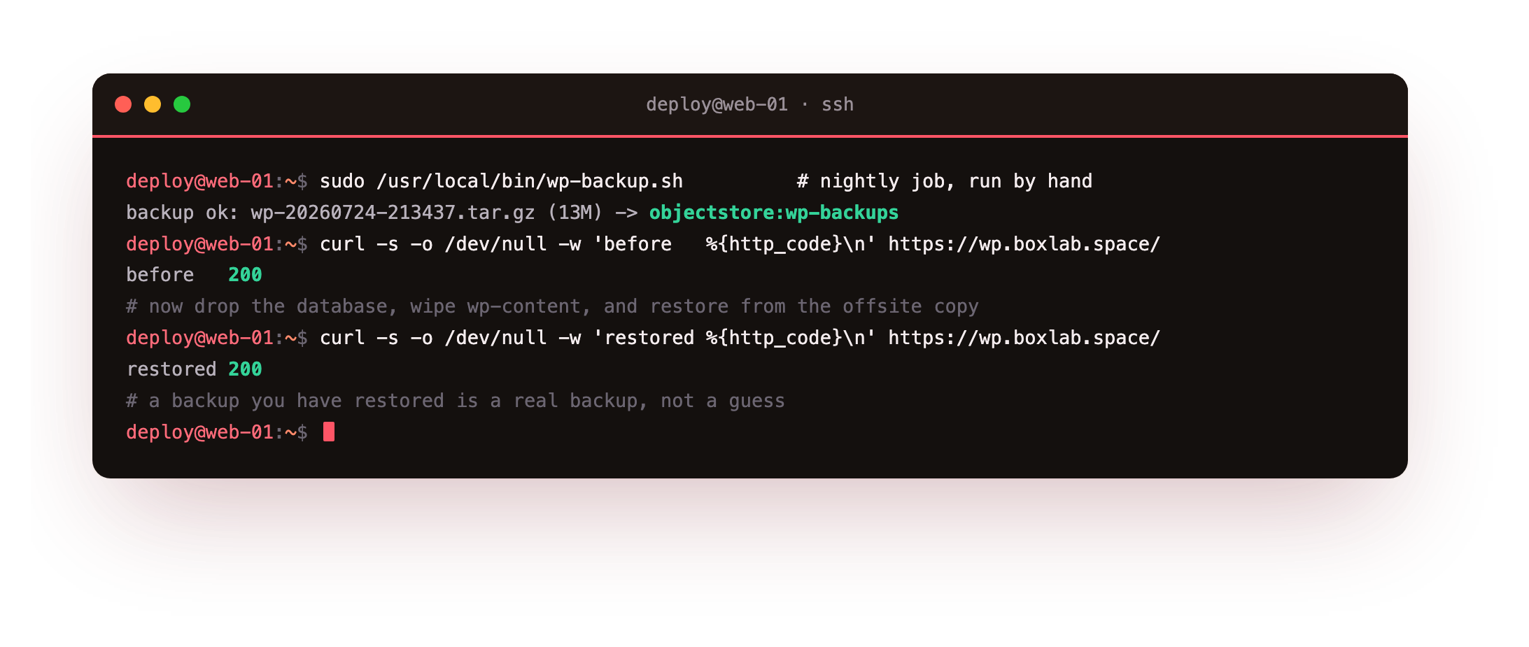 The destination proof on one slice: the backup script writes a timestamped archive and pushes it offsite, then a simulated disaster drops the database, and a restore from the offsite copy brings the front page from a broken state back to HTTP 200 with every post in place