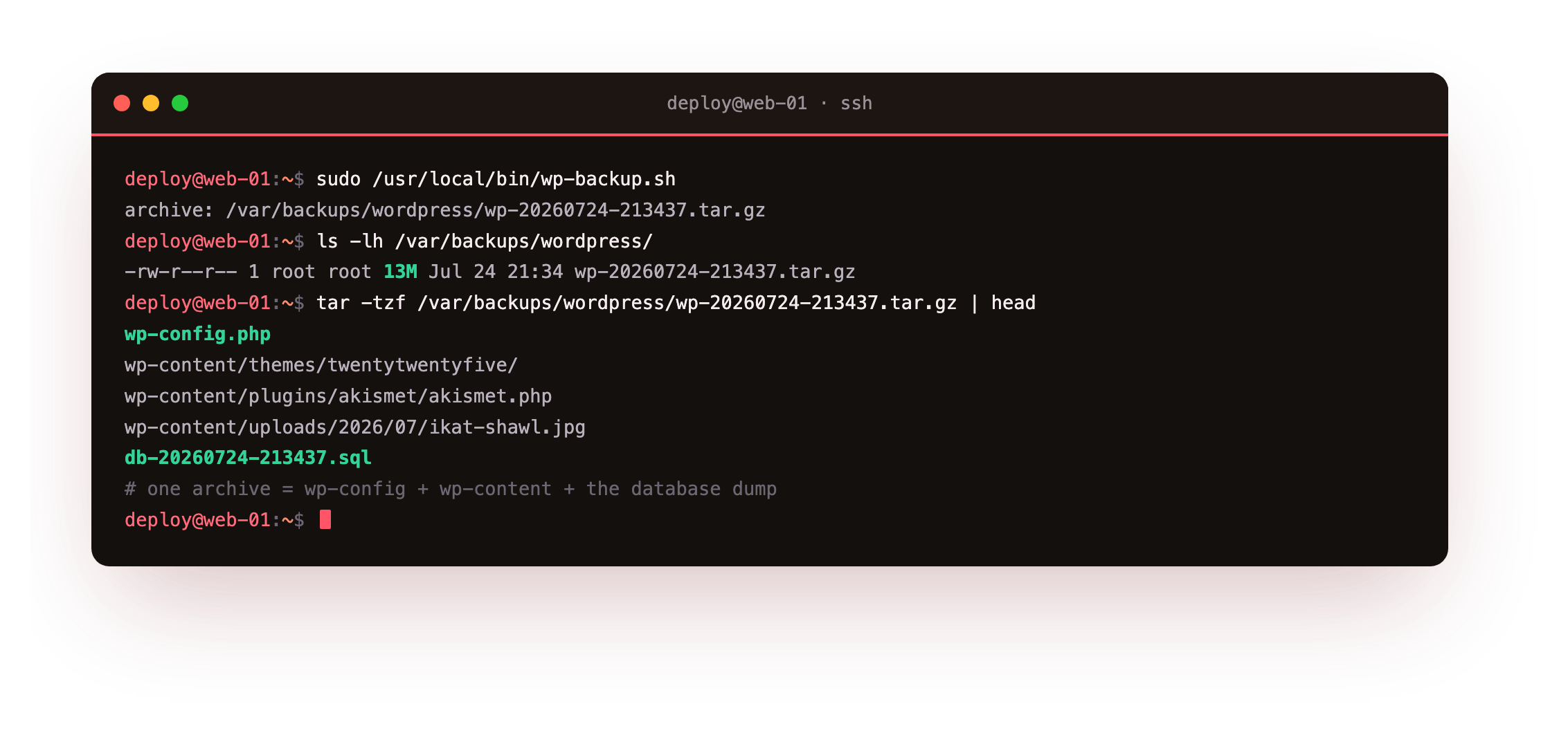 Running the backup script: wp-backup.sh dumping the database with mysqldump and rolling it together with the files into a single 13M wp-20260724 archive, and tar -tzf listing wp-config.php, the wp-content tree of themes and plugins, and the db SQL dump inside it
