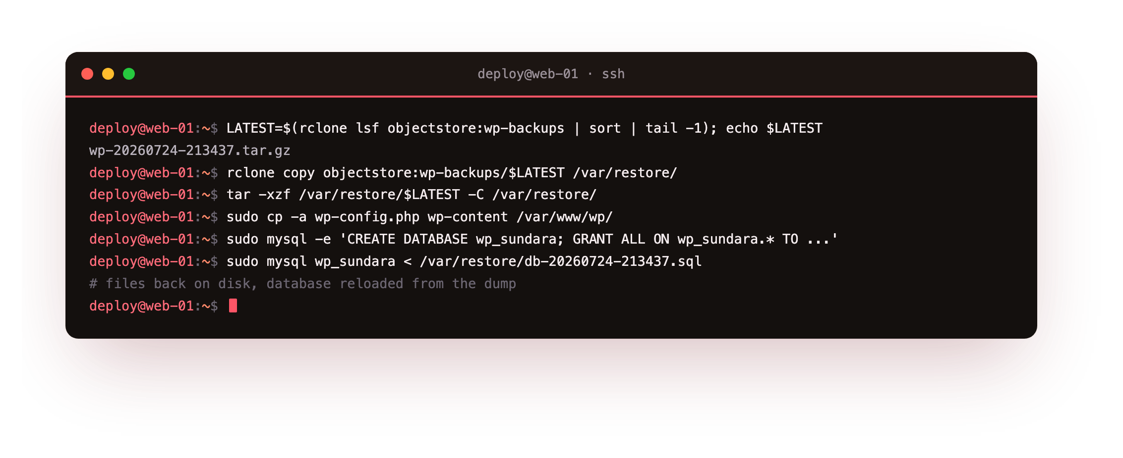 Restoring from the offsite copy: rclone pulling the newest archive out of the wp-backups bucket, tar extracting wp-config.php and wp-content and the SQL dump, then recreating the database and importing the dump with mysql to put the site back