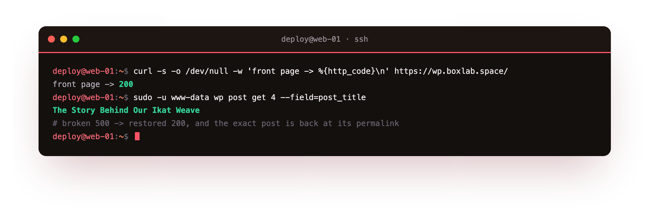 Verifying the restore: after the files and database are back, a curl of the front page returns HTTP 200 again and wp post get prints the title The Story Behind Our Ikat Weave, the same post noted before the disaster, proving the specific content restored