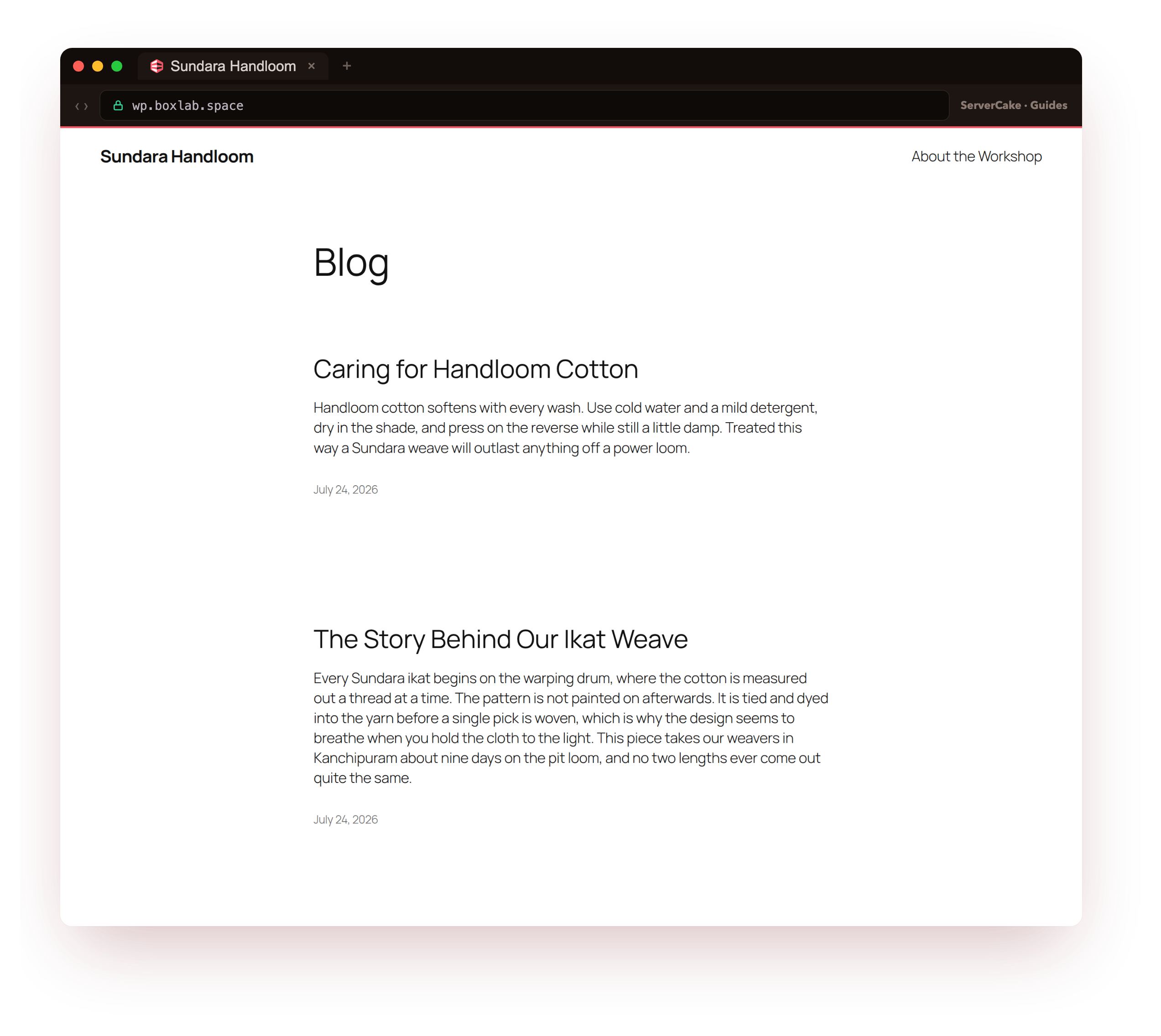 The live Sundara Handloom site at wp.boxlab.space on the Twenty Twenty-Five theme, served over real HTTPS with a valid padlock, the running WordPress site whose database and files this tutorial backs up and later restores, framed in the ServerCake browser chrome