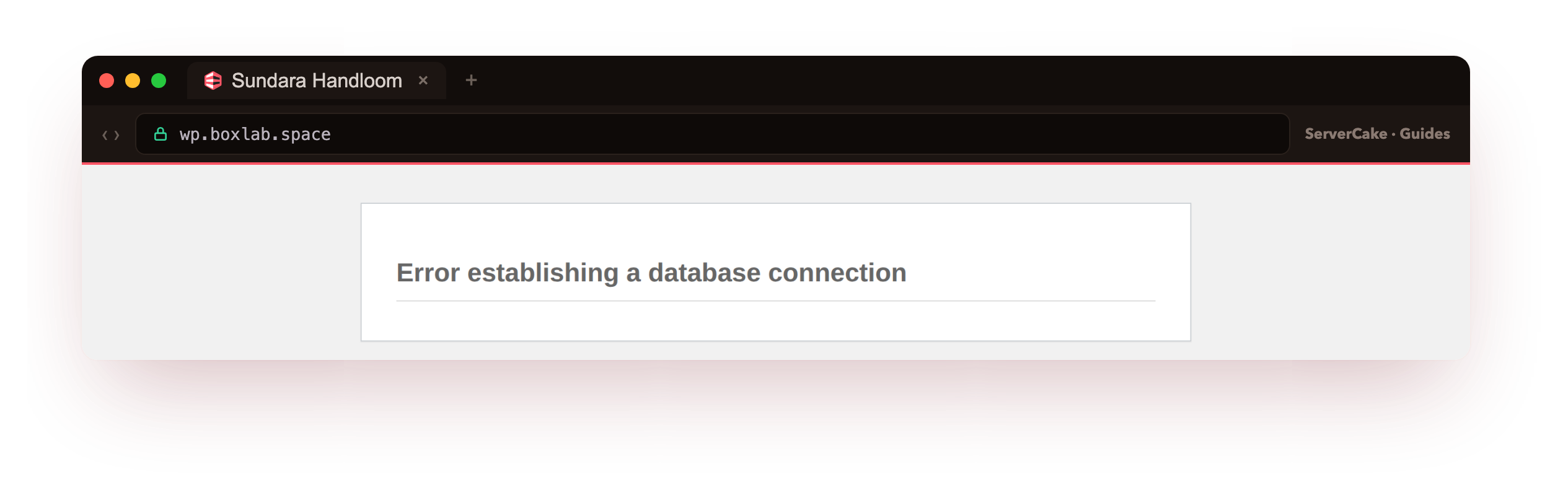 The genuine broken site at wp.boxlab.space after the simulated disaster: a bare page reading Error establishing a database connection, exactly what a visitor sees when the WordPress database is gone, the failure state the offsite backup exists to recover from