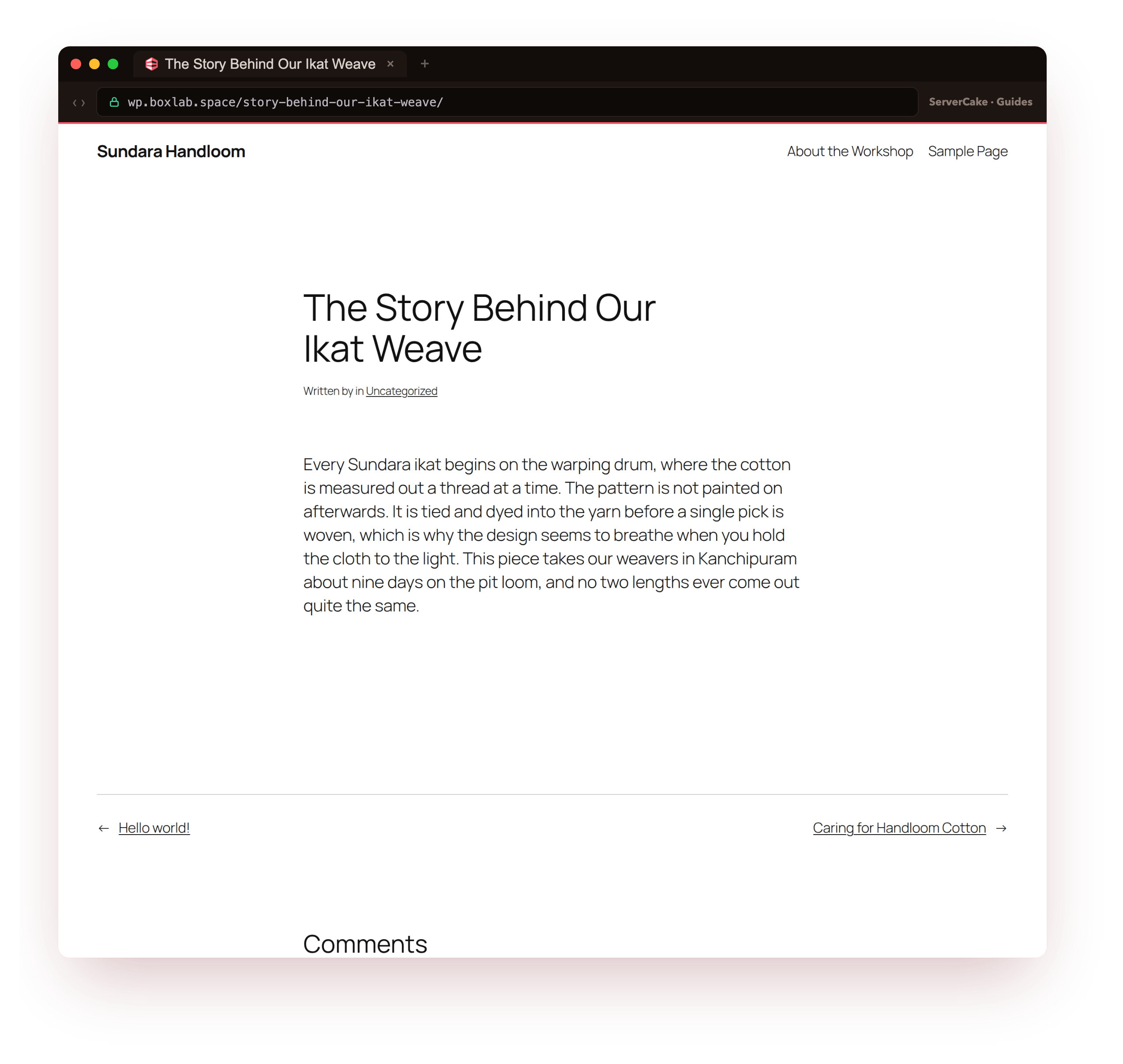 The restored post The Story Behind Our Ikat Weave back at its permalink on wp.boxlab.space after the restore from the offsite archive, the same content that was live before the disaster, served again over real HTTPS with a valid padlock