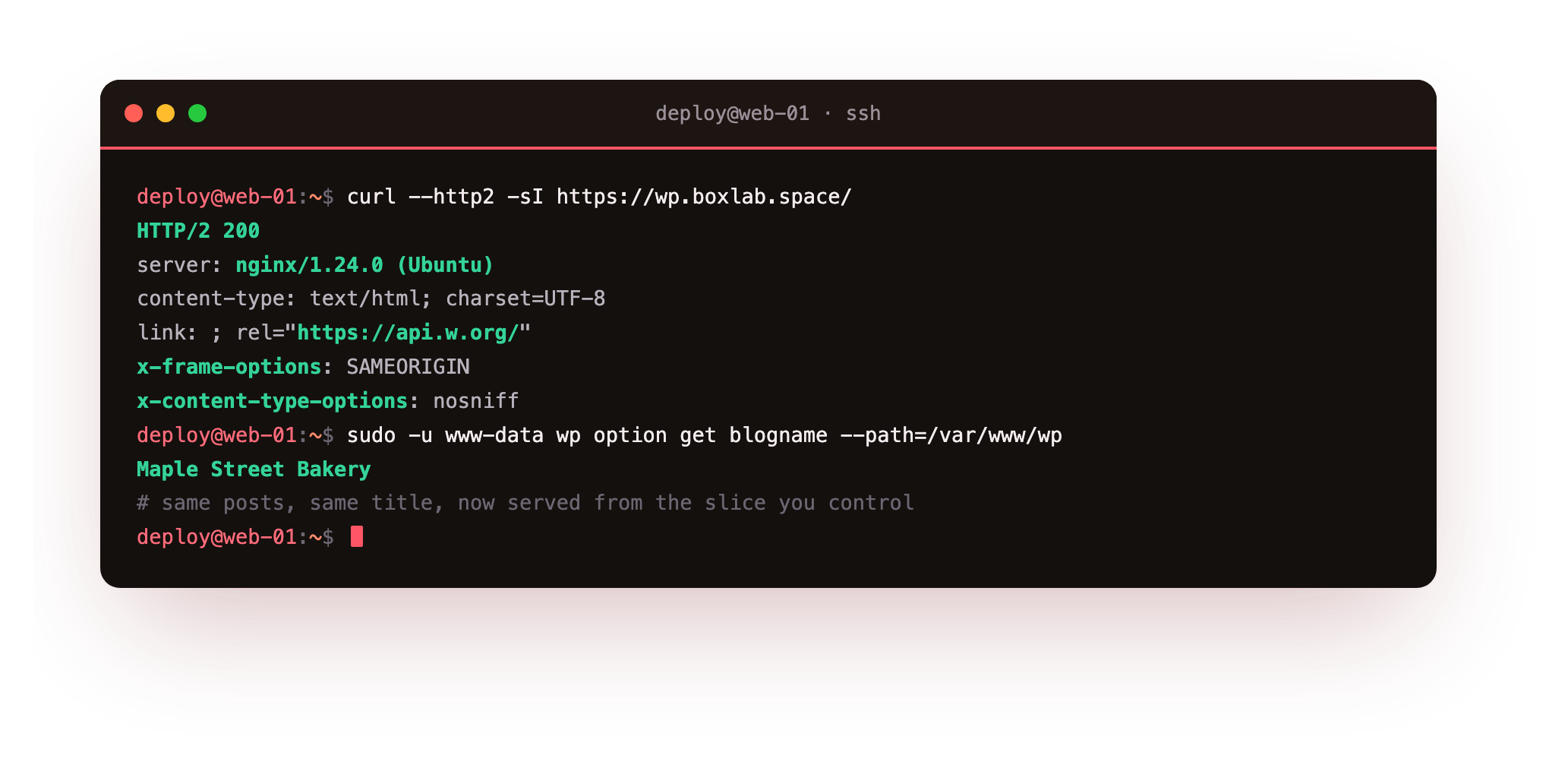 The migrated site answering over HTTP/2 with 200 OK, the nginx server header and the api.w.org link header that only a live WordPress emits, then wp option get blogname reading Maple Street Bakery, proving the same content is now served from the slice at wp.boxlab.space