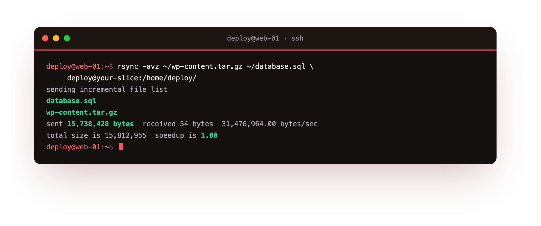 Transferring both halves of the site to the slice with rsync over SSH: the wp-content archive and the database dump sent in one incremental pass, with the sent and total byte counts reported