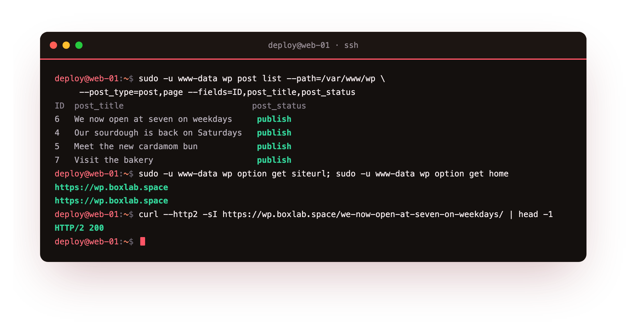Verifying the copy on the slice: wp post list showing the migrated bakery posts and pages, siteurl and home now reading https://wp.boxlab.space, and a single post answering 200 at its pretty permalink over HTTPS