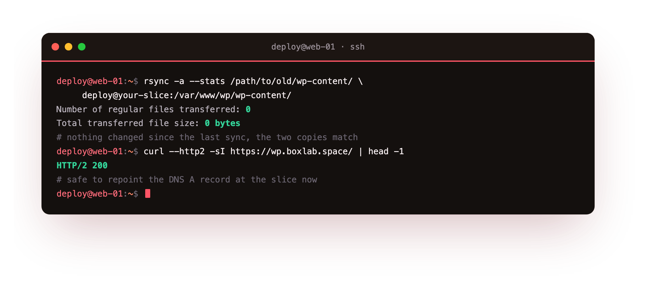 Cutting over with no downtime: a final rsync delta transferring zero files because the two copies already match, then curl confirming the slice still answers 200 over HTTP/2, the point at which it is safe to repoint DNS