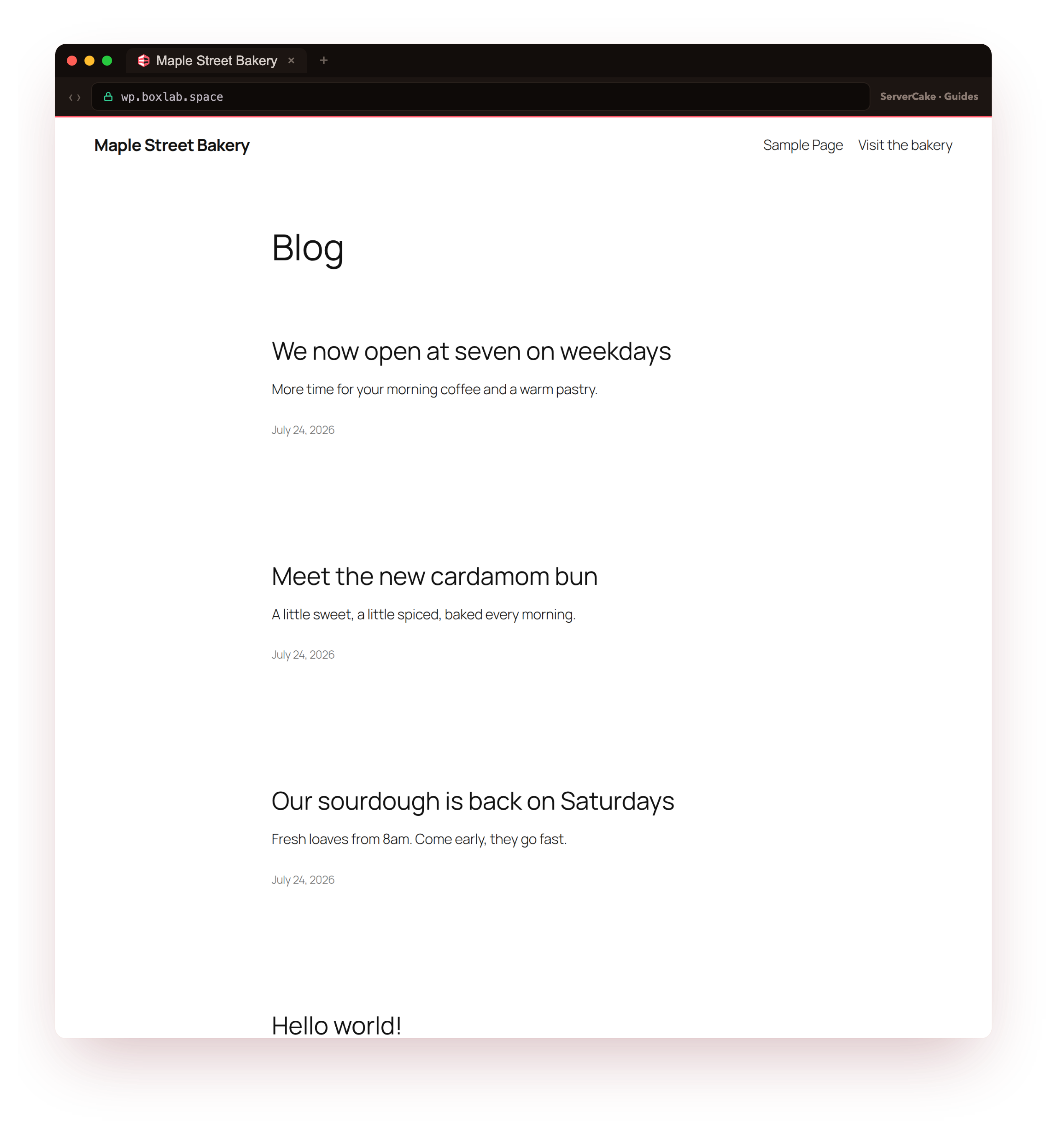 The migrated public site at wp.boxlab.space, Maple Street Bakery on the default Twenty Twenty-Five block theme, showing the moved posts over real HTTPS with a valid padlock, the genuine front end a visitor still sees after the move