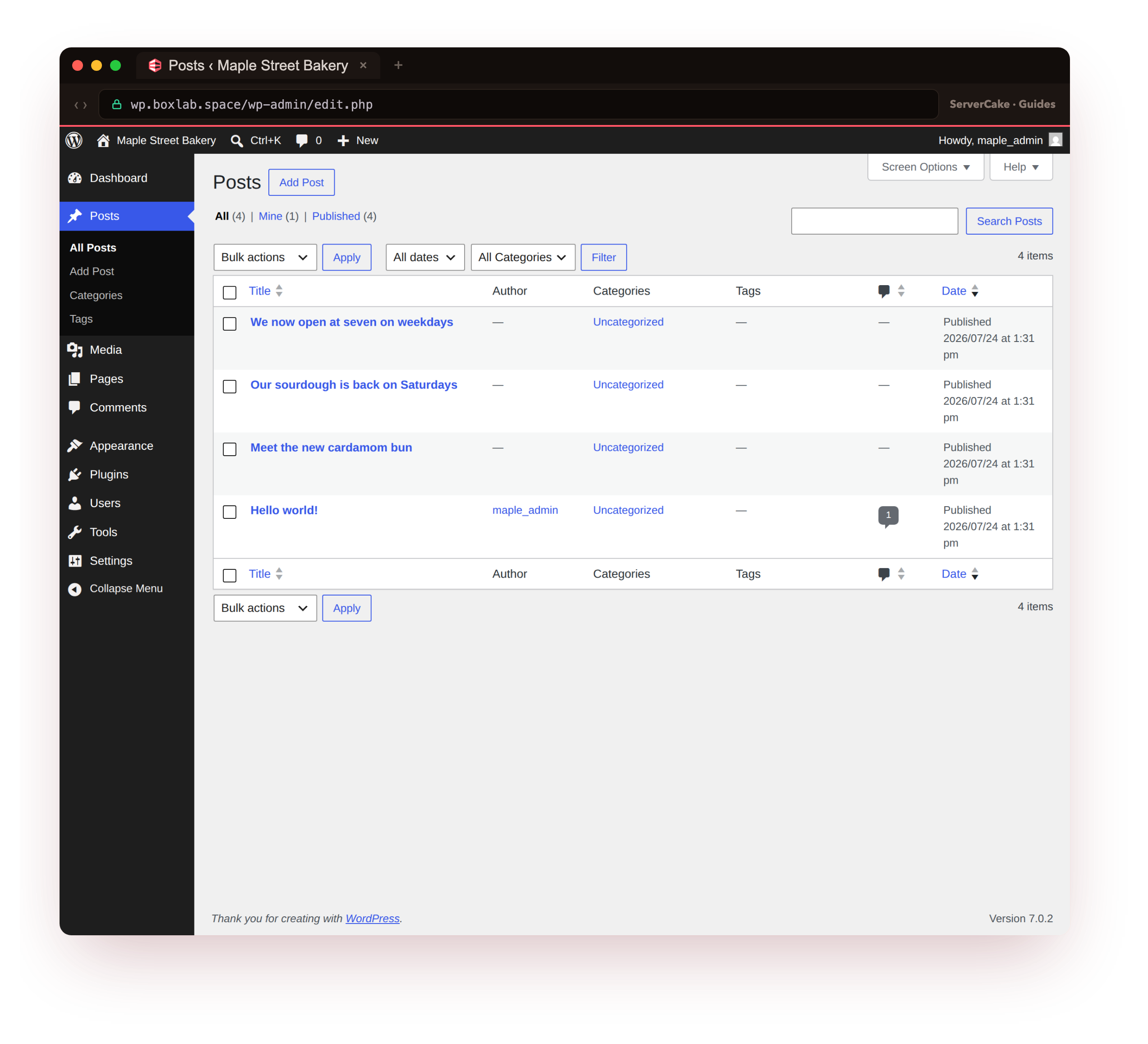 The migrated wp-admin Posts list at wp.boxlab.space, logged in as the site admin, showing the four posts that came across in the migration, WordPress 7.0.2, the whole admin moved intact and served over HTTPS in the ServerCake browser chrome