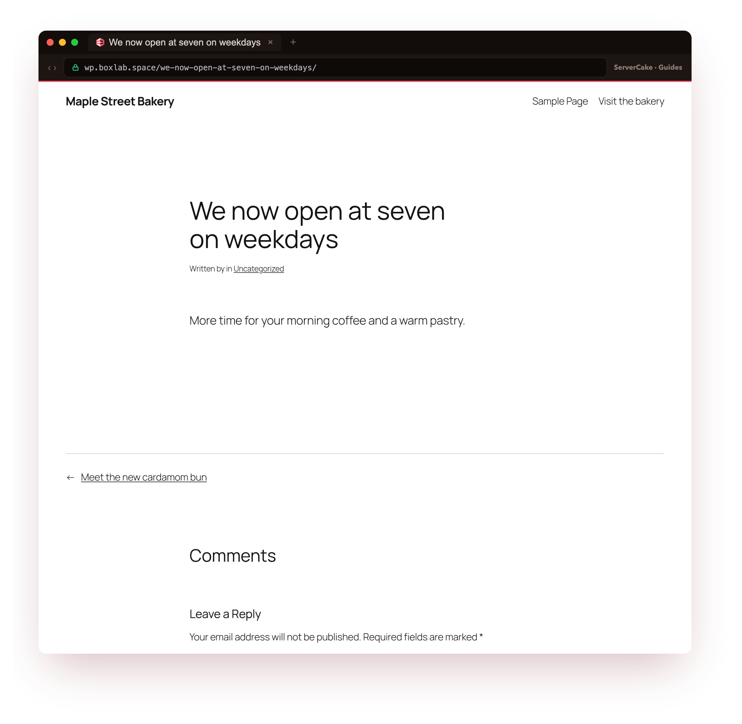 A single migrated post, We now open at seven on weekdays, rendered at its pretty permalink on wp.boxlab.space over real HTTPS, proving the URL rewrite and permalink flush worked and the content resolves at its own address