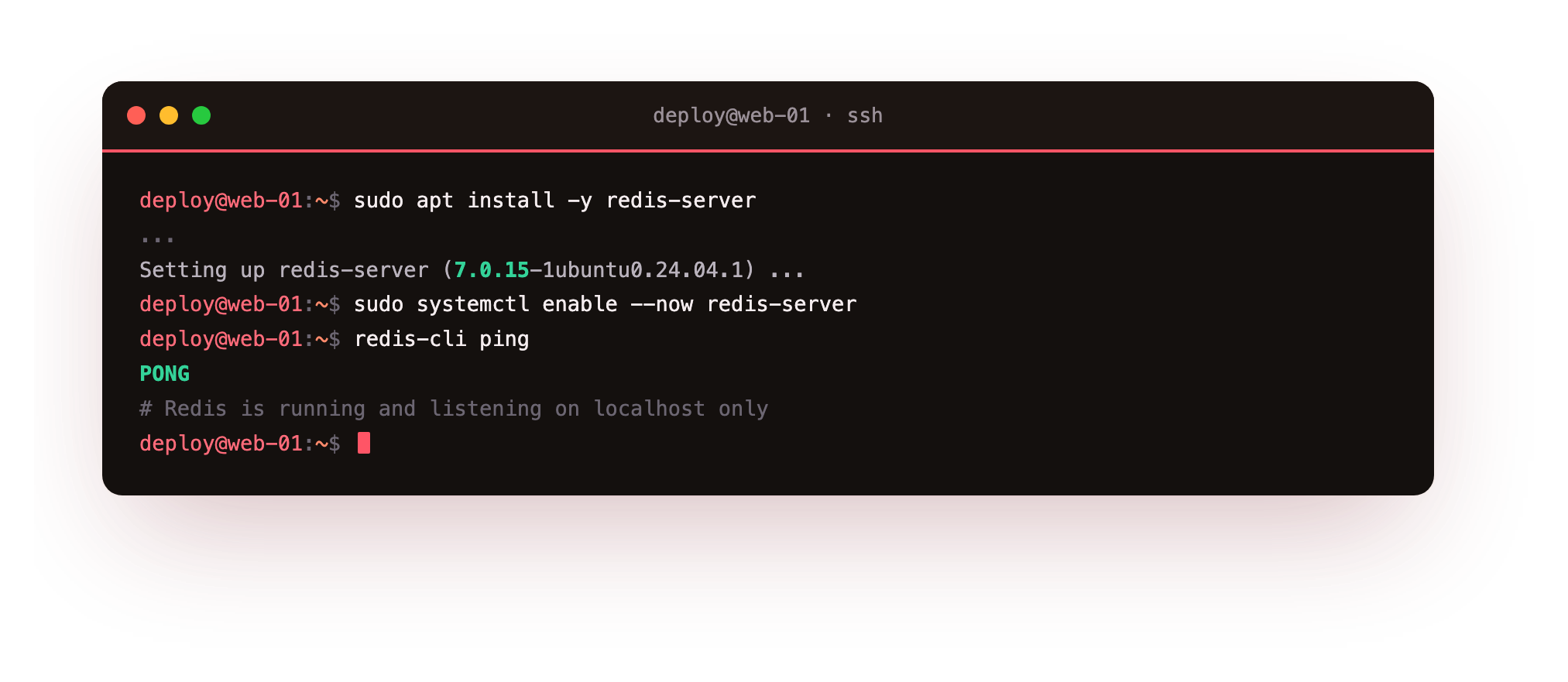 Installing Redis on the slice: apt installing redis-server 7.0.15, enabling it, and redis-cli ping returning PONG, confirming Redis is running and listening on localhost only