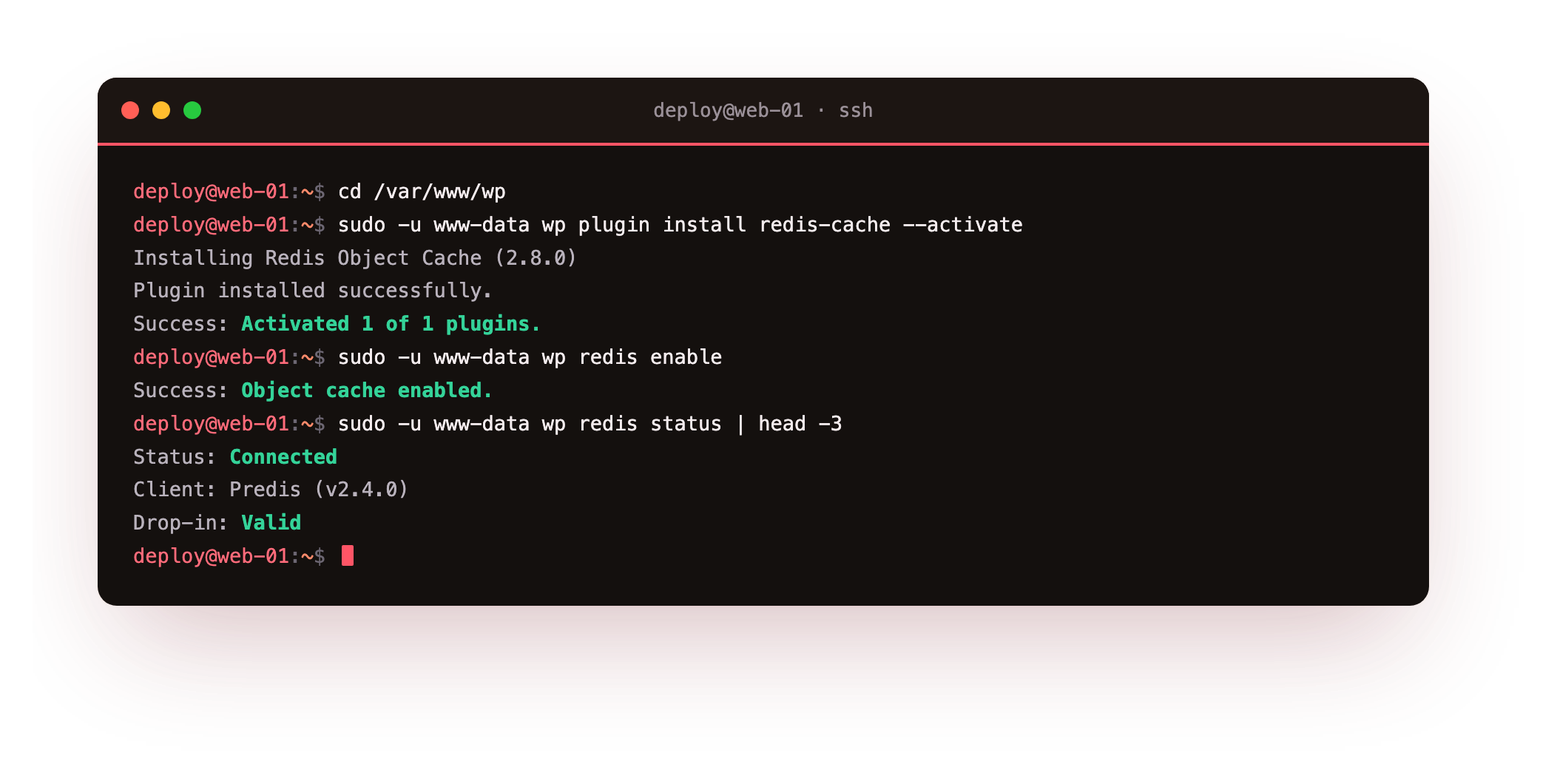 Connecting WordPress to Redis: wp-cli installing and activating the Redis Object Cache plugin, wp redis enable writing the object-cache.php drop-in, and wp redis status reporting the connection Connected with the drop-in Valid over the Predis client