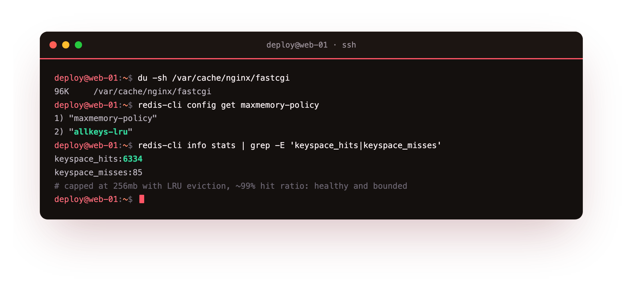Keeping it fast: the nginx micro-cache directory sitting at 96K, Redis capped with an allkeys-lru eviction policy, and redis-cli info stats showing a roughly 99% hit ratio, the cache healthy and bounded so it cannot starve the slice