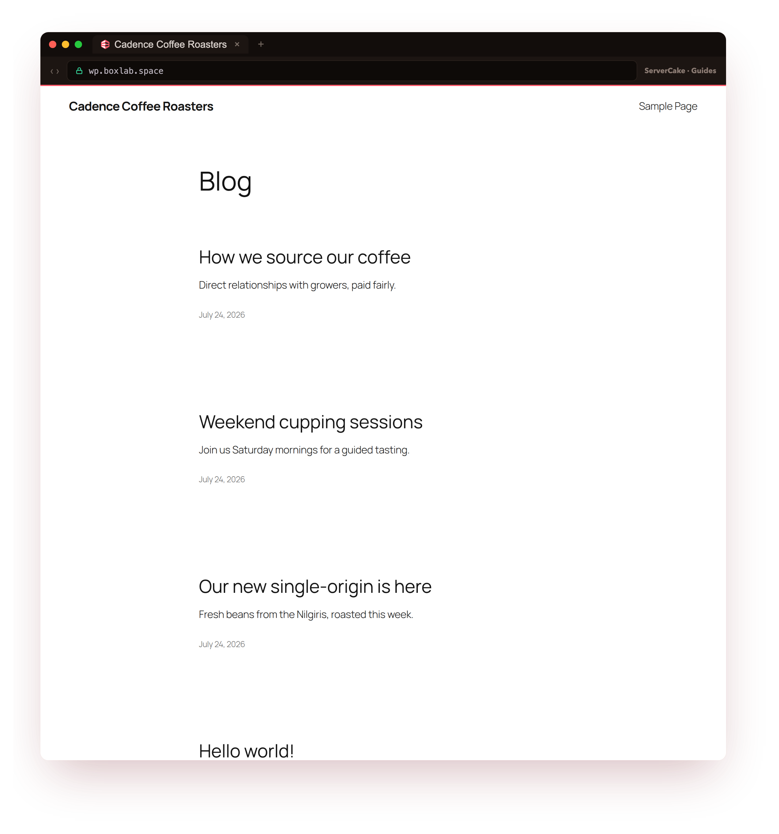 The public WordPress front page for Cadence Coffee Roasters at wp.boxlab.space on the default Twenty Twenty-Five block theme, served from the nginx micro-cache over real HTTPS with a valid padlock, the genuine fast front end a visitor sees