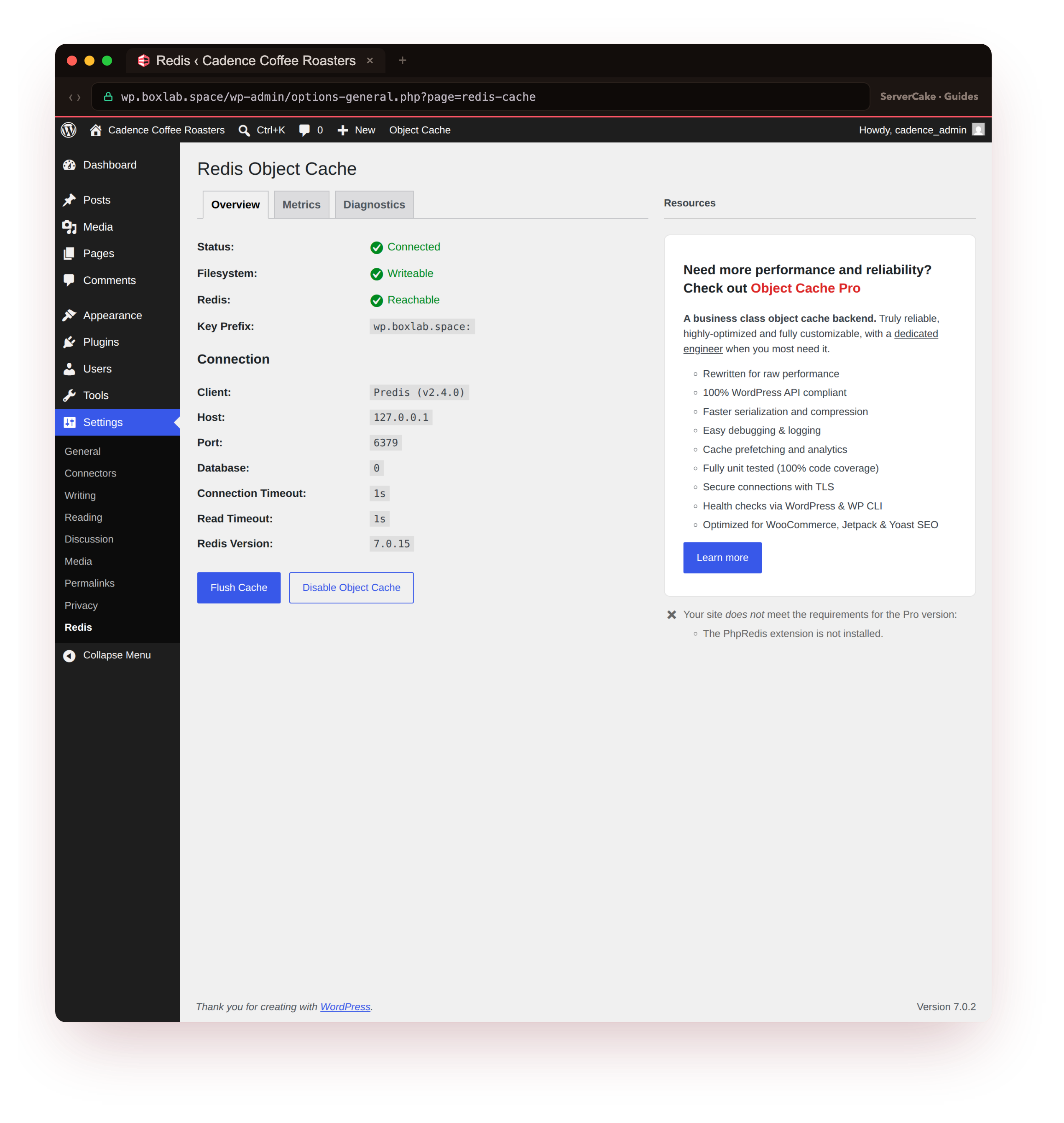 The Redis Object Cache admin overview at wp.boxlab.space, showing Status Connected, Filesystem Writeable and Redis Reachable, with the Predis client on 127.0.0.1:6379 and Redis 7.0.15, the object cache genuinely wired into WordPress and framed in the ServerCake browser chrome