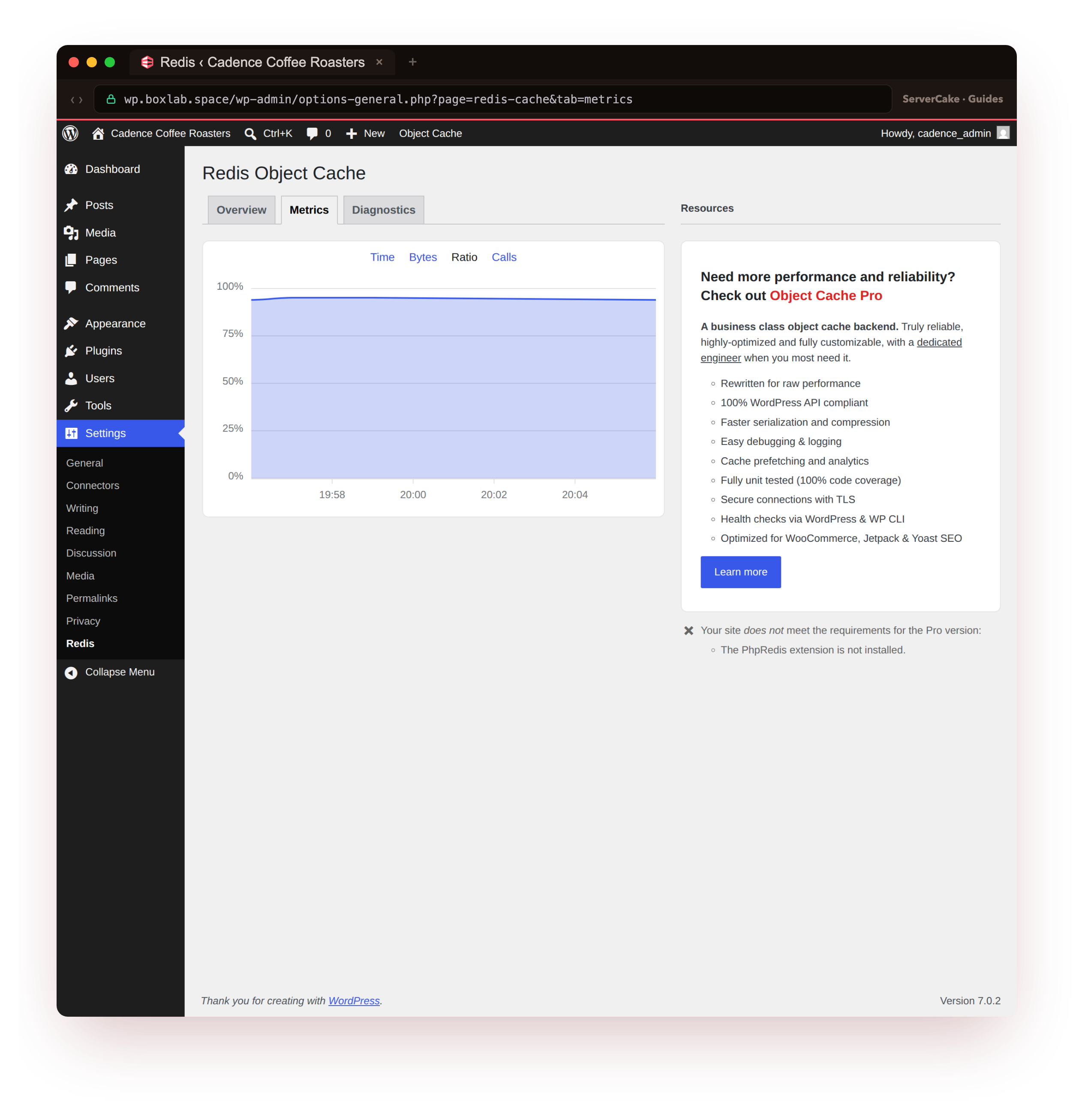 The Redis Object Cache metrics tab at wp.boxlab.space plotting the real hit ratio recorded on the VM over time, the object cache serving reads from memory across live traffic on the slice