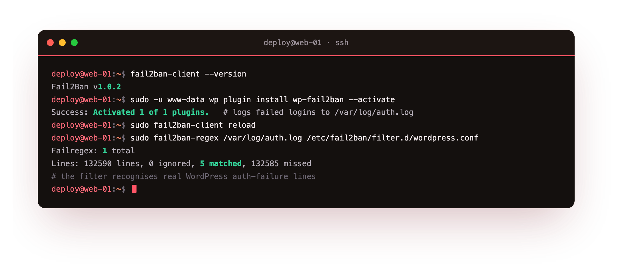 Wiring fail2ban to wp-login: the wp-fail2ban plugin writing failed logins to the auth log, a wordpress filter and jail added, and fail2ban-regex validating the filter matches real authentication-failure lines in /var/log/auth.log