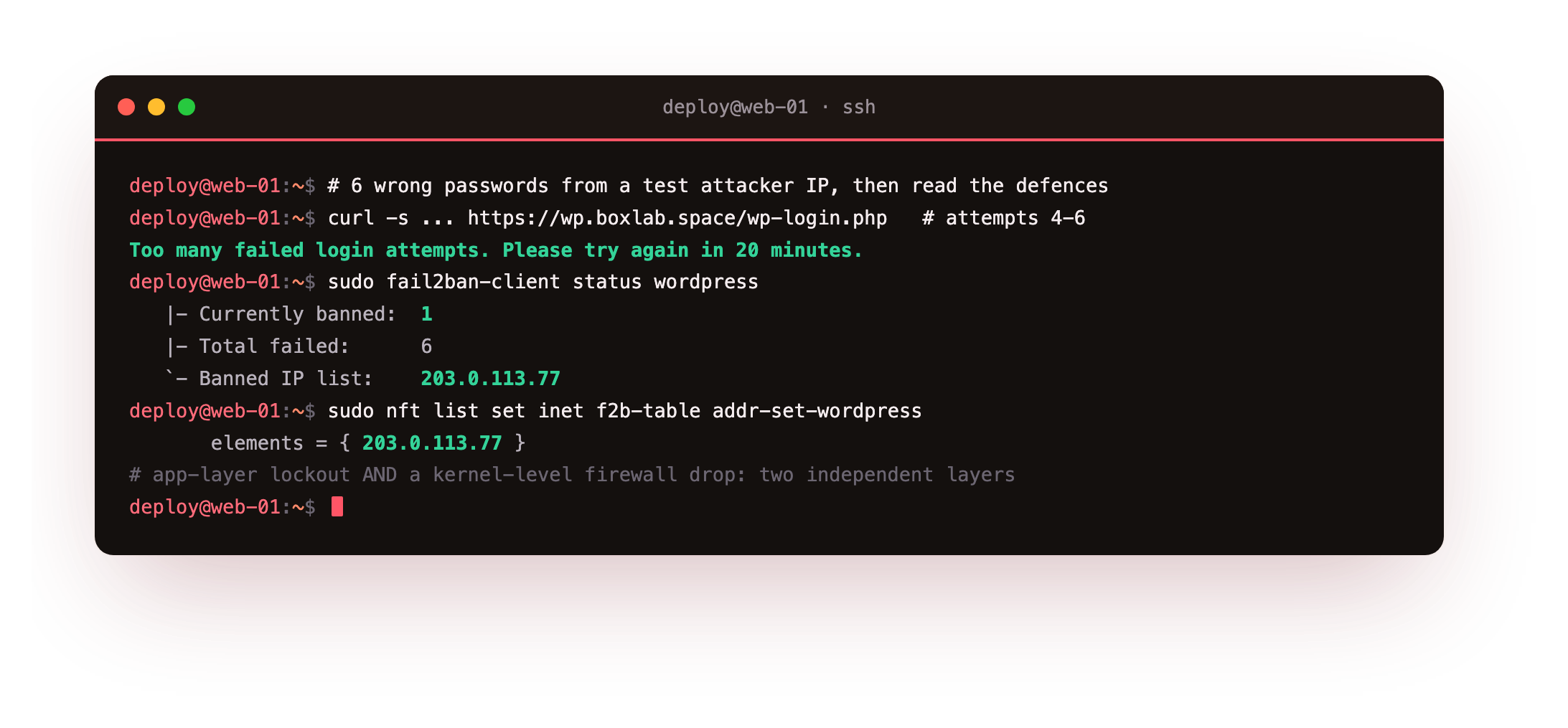 Proving the brute-force defence: after wrong-password attempts, Limit Login Attempts returns a real lockout, fail2ban-client status wordpress reports Currently banned 1 with Banned IP list 203.0.113.77, and the nftables set backing the jail lists that address so the kernel drops its packets