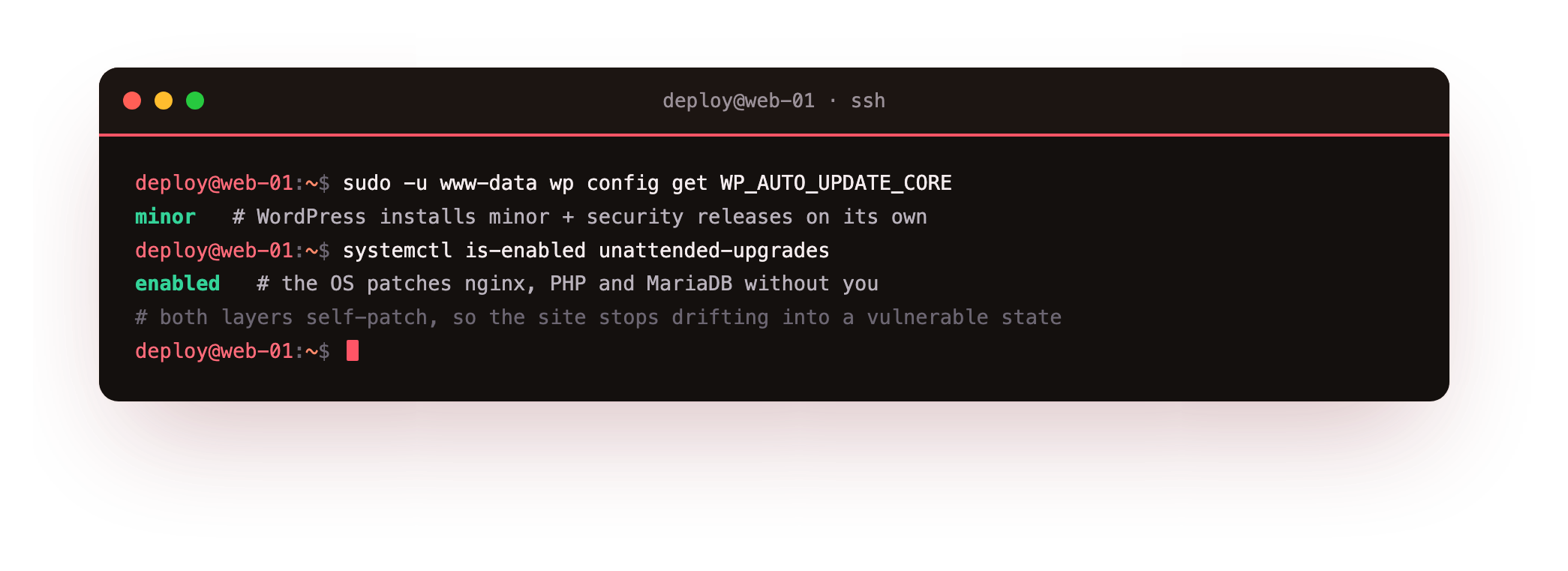 Keeping it patched: WP_AUTO_UPDATE_CORE set to minor for WordPress core, and systemctl confirming the operating system unattended-upgrades service is enabled so nginx, PHP and MariaDB receive security patches without manual work
