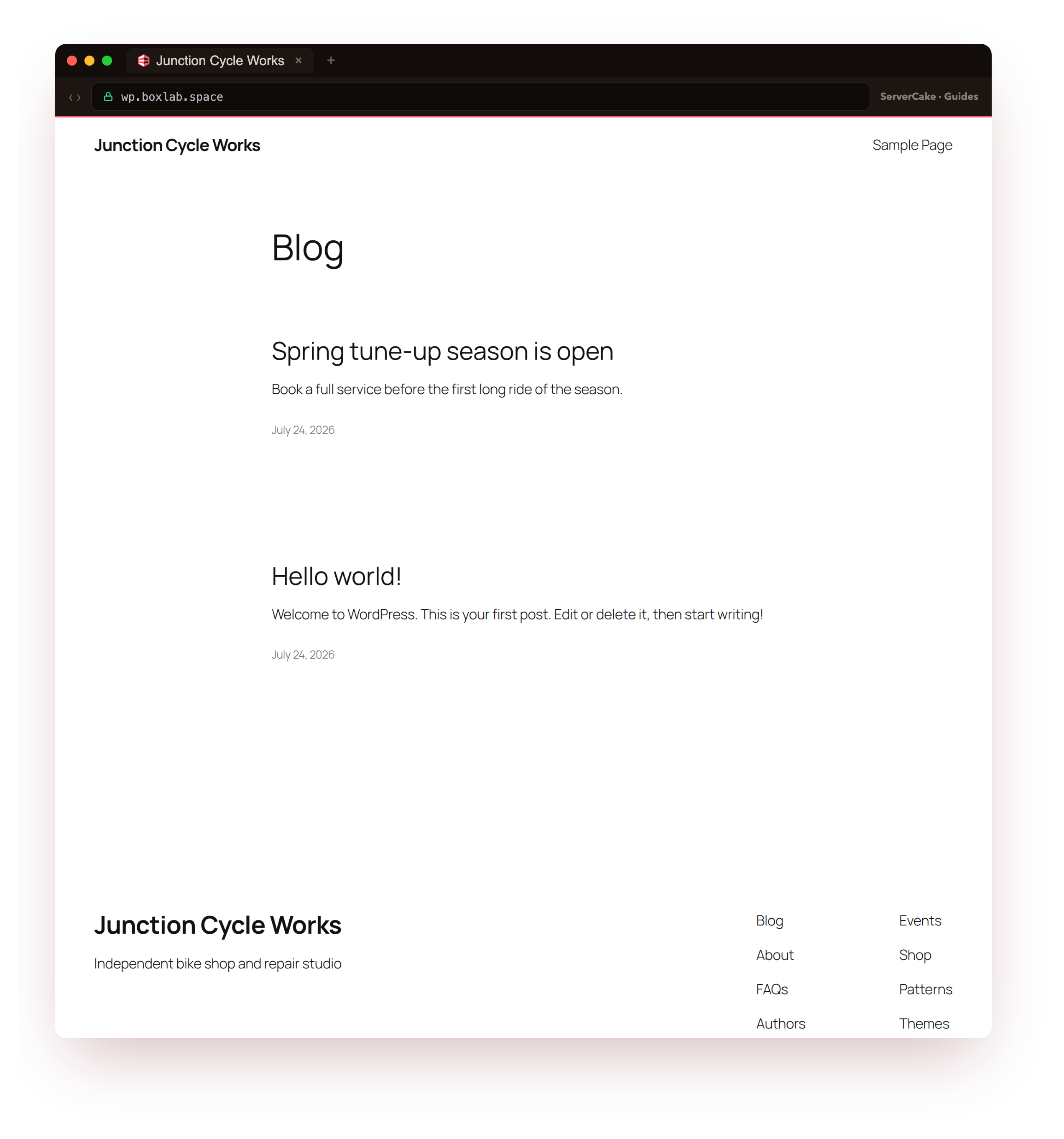 The public front page of Junction Cycle Works at wp.boxlab.space on the Twenty Twenty-Five theme, served over real HTTPS with a valid padlock, the genuine hardened site a visitor still sees exactly as before, framed in the ServerCake browser chrome