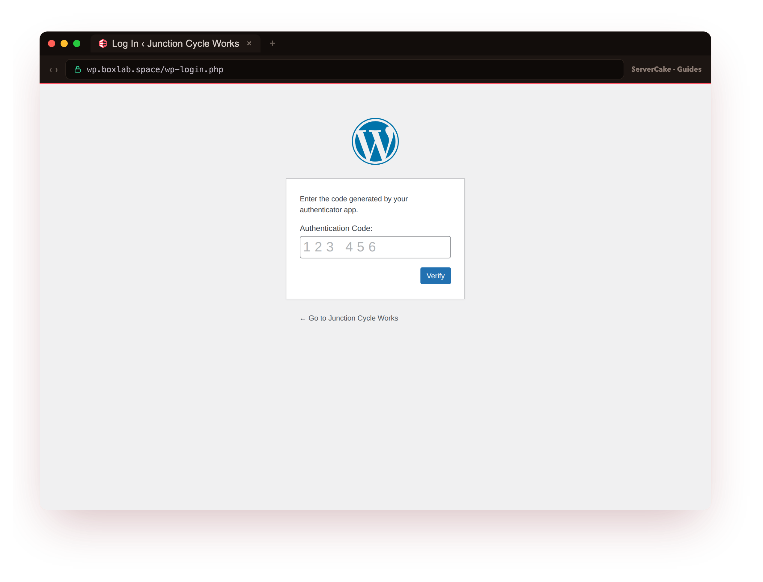 The real two-factor login challenge at wp.boxlab.space after a correct password: the WordPress interstitial reading Enter the code generated by your authenticator app with an Authentication Code field and a Verify button, so a stolen password alone cannot open the dashboard