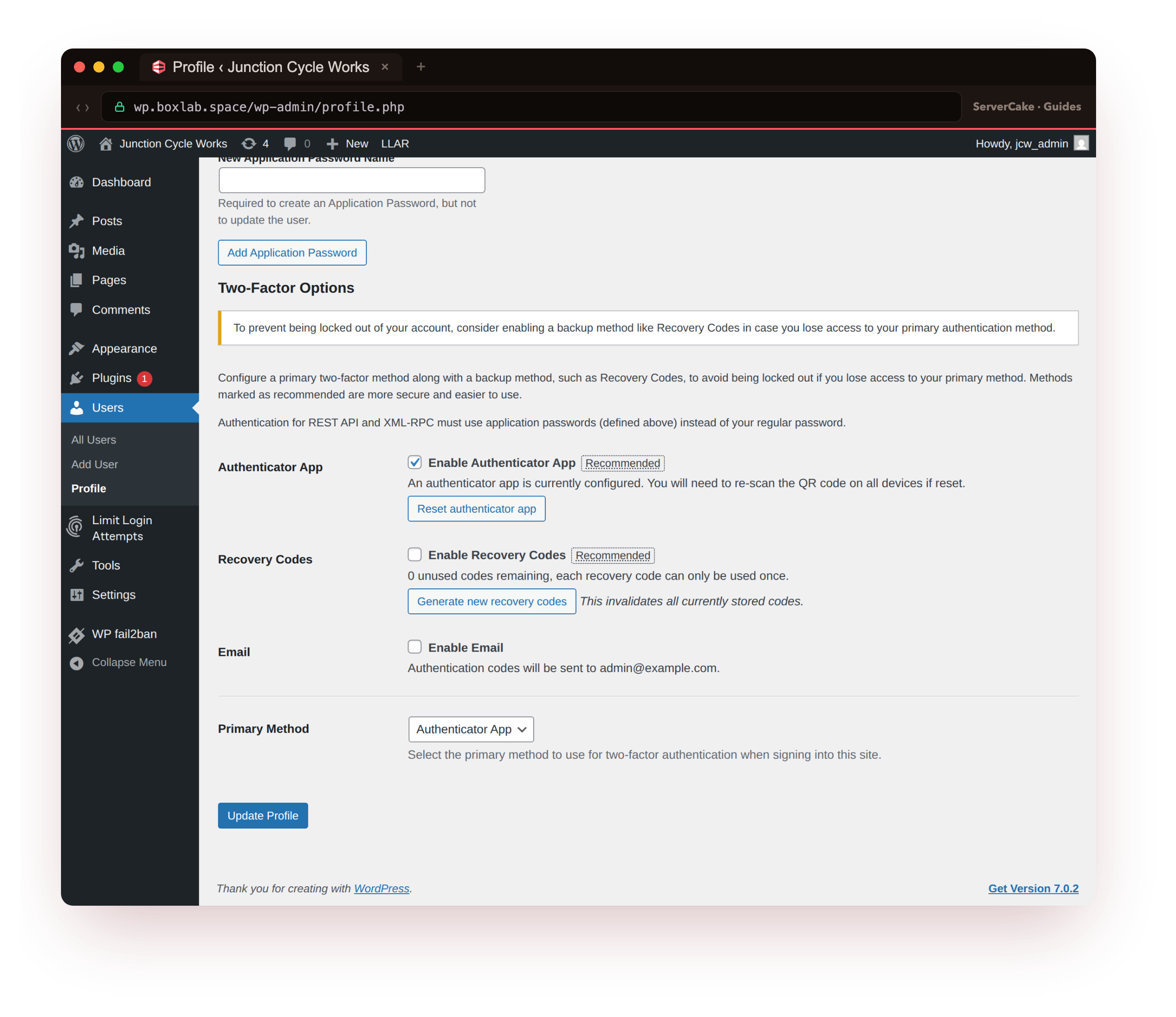 The Two-Factor Options section on the admin profile at wp.boxlab.space, showing Enable Authenticator App ticked and marked Recommended with an authenticator app currently configured, Recovery Codes and Email as backup methods, and Authenticator App selected as the primary method