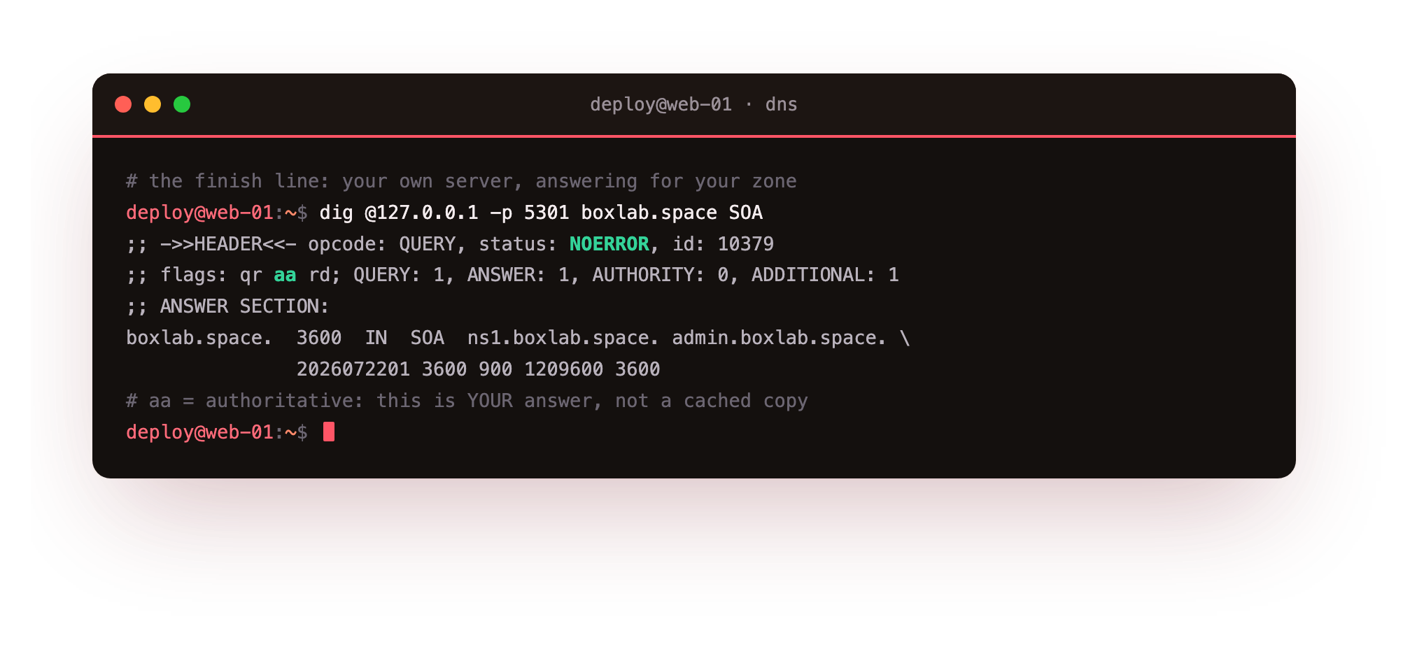 The destination shown before any theory: dig asking your own authoritative server on 127.0.0.1 port 5301 for the boxlab.space SOA record, the header showing status NOERROR and flags qr aa rd, the aa flag proving the answer is authoritative and yours