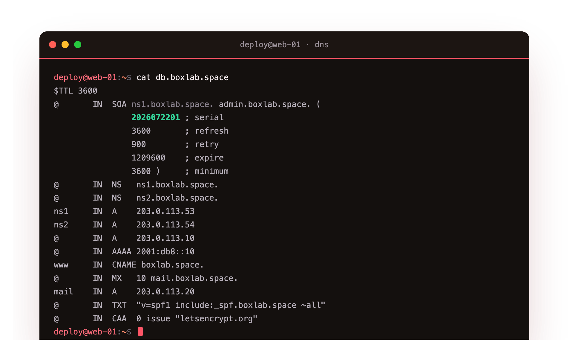 The boxlab.space zone file printed to the terminal, showing the SOA record with its serial and timers, two NS records with glue A records, and the apex A, AAAA, CNAME, MX, TXT and CAA records