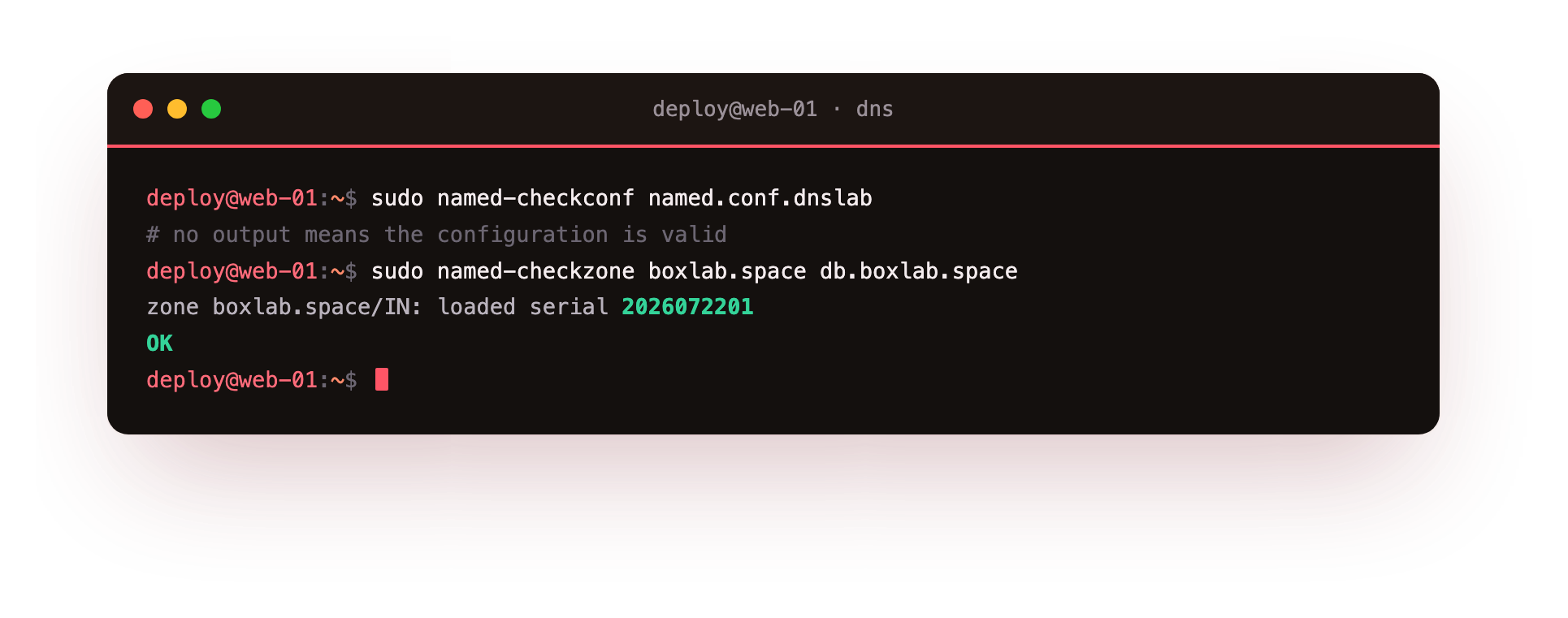 named-checkzone validating the boxlab.space zone file and printing loaded serial 2026072201 followed by OK, and named-checkconf returning no output for a valid configuration