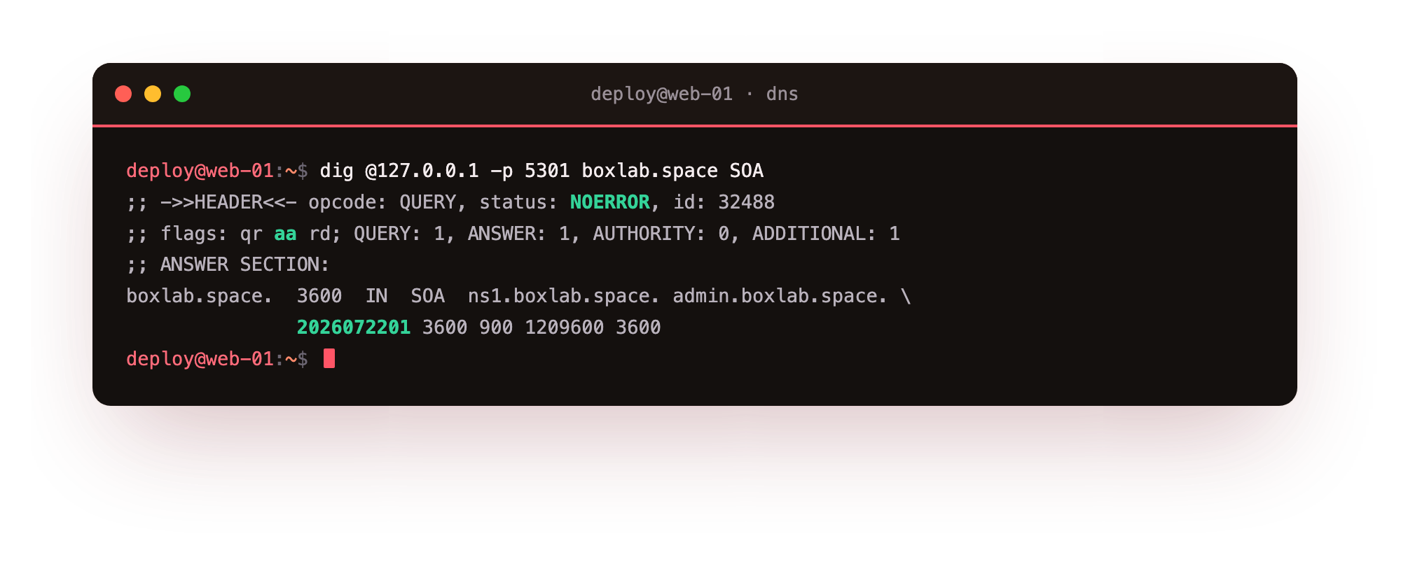 dig querying the running authoritative server for the boxlab.space SOA record, the header showing status NOERROR and flags qr aa rd with the authoritative aa flag set