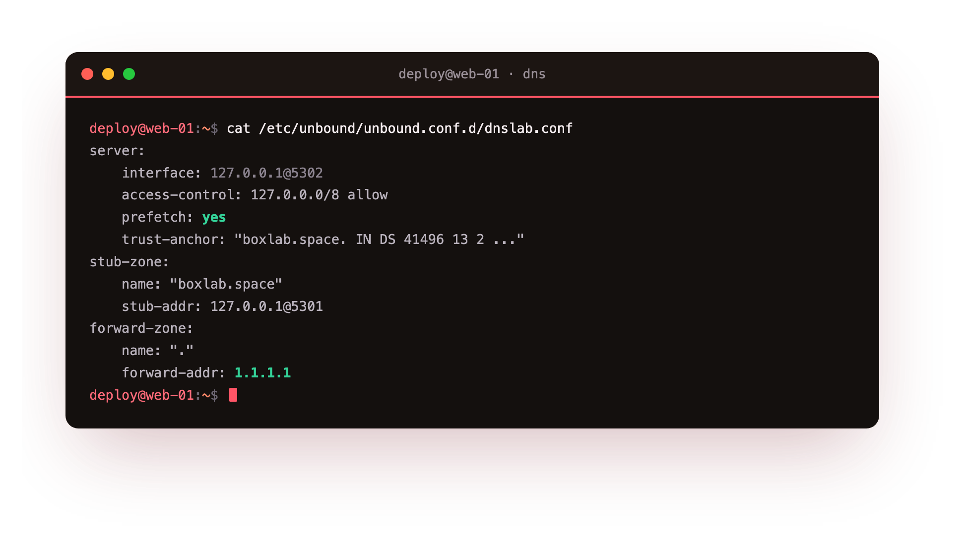 The unbound resolver configuration showing the loopback interface on port 5302, prefetch yes, a stub-zone pointing boxlab.space at the local authoritative server, and a forward-zone to an upstream resolver