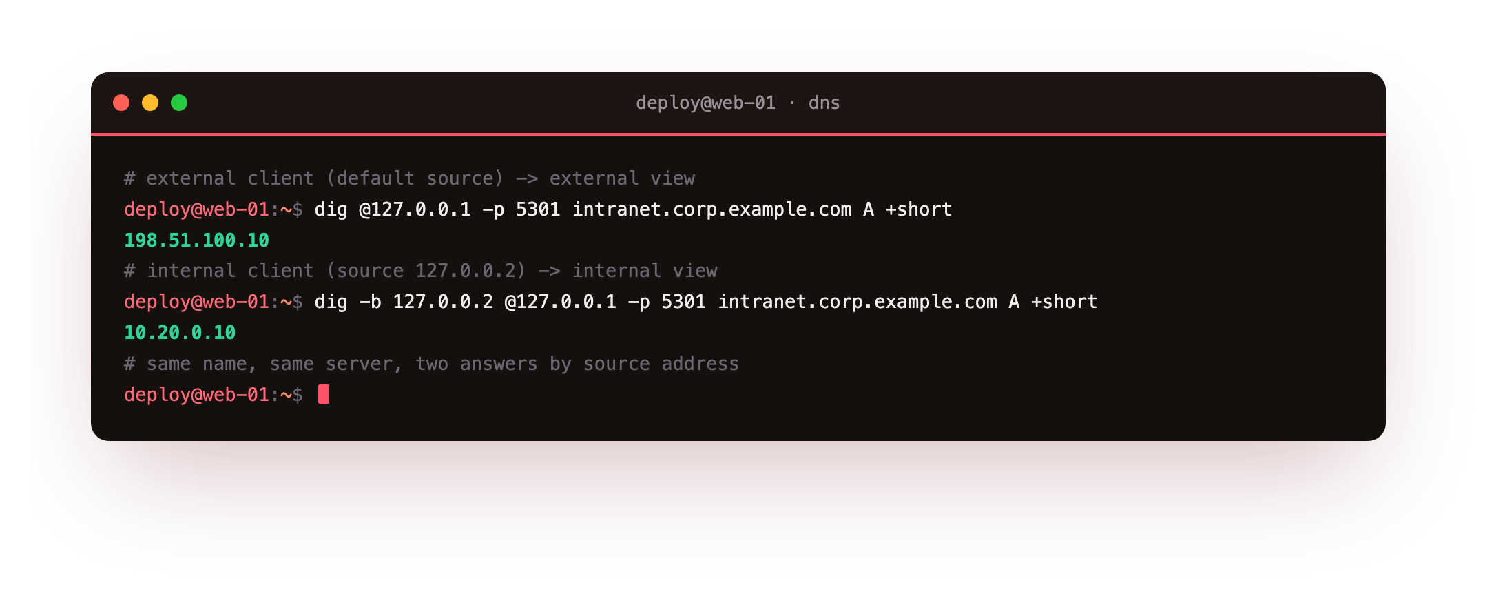 The same intranet.corp.example.com name queried twice, the external client getting the public address 198.51.100.10 and the internal client, sent with dig -b 127.0.0.2, getting the private address 10.20.0.10