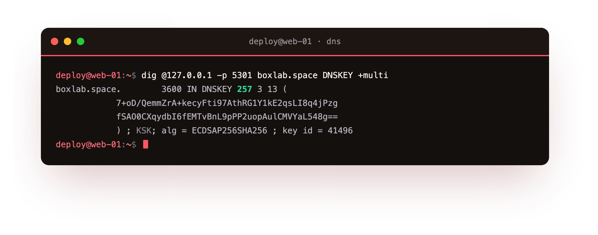 dig querying the signed boxlab.space zone for its DNSKEY in multi-line form, showing a key-signing key with flags 257, algorithm 13 ECDSAP256SHA256 and the key id in a comment