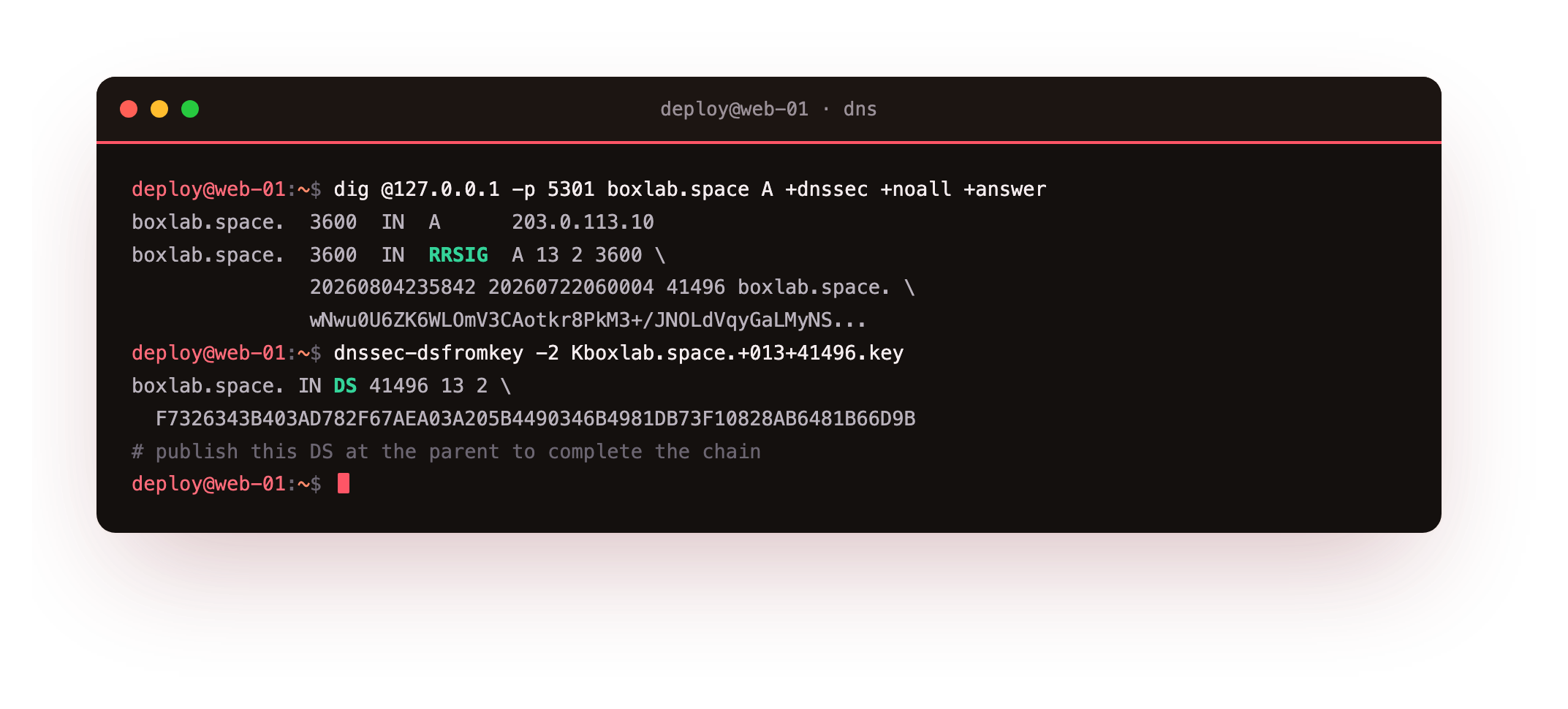 dig requesting DNSSEC for the boxlab.space A record from the authoritative server, returning the A record plus an RRSIG signature with its algorithm, key id and inception and expiry times, followed by the DS record derived from the key