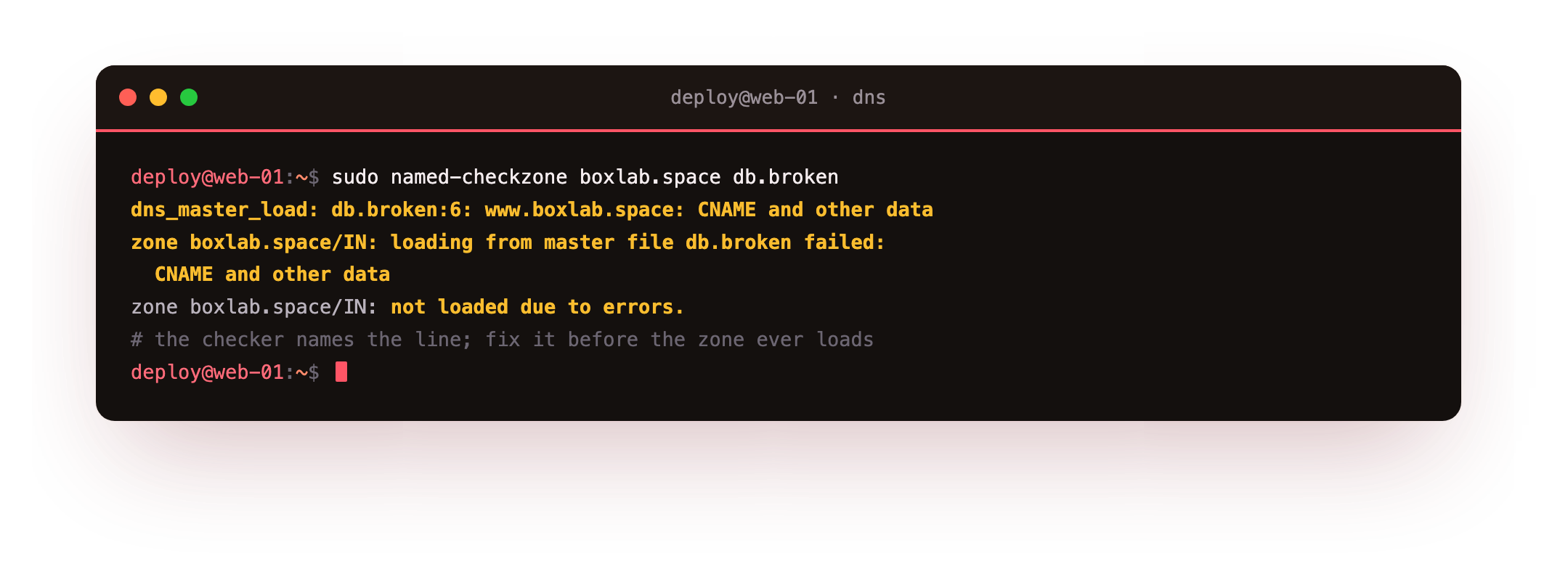 named-checkzone catching a broken zone file, reporting a CNAME and other data error on the offending line and refusing to load the zone until it is fixed