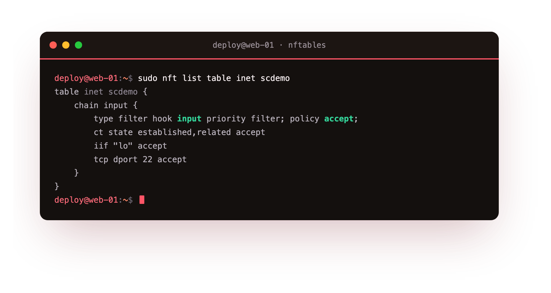 nft list table inet scdemo showing a single input base chain with its type filter hook input priority filter and policy accept, followed by the loopback, established and ssh accept rules in order
