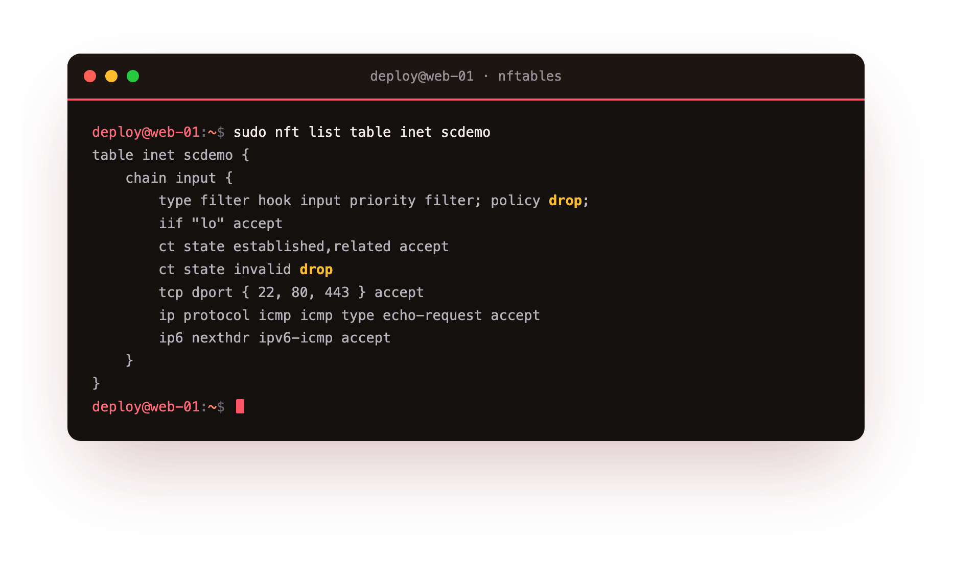 nft list table inet scdemo showing the full policy-drop input chain: loopback accept, established accept, invalid drop, the ssh http and https port allows, and icmp echo, in the correct order