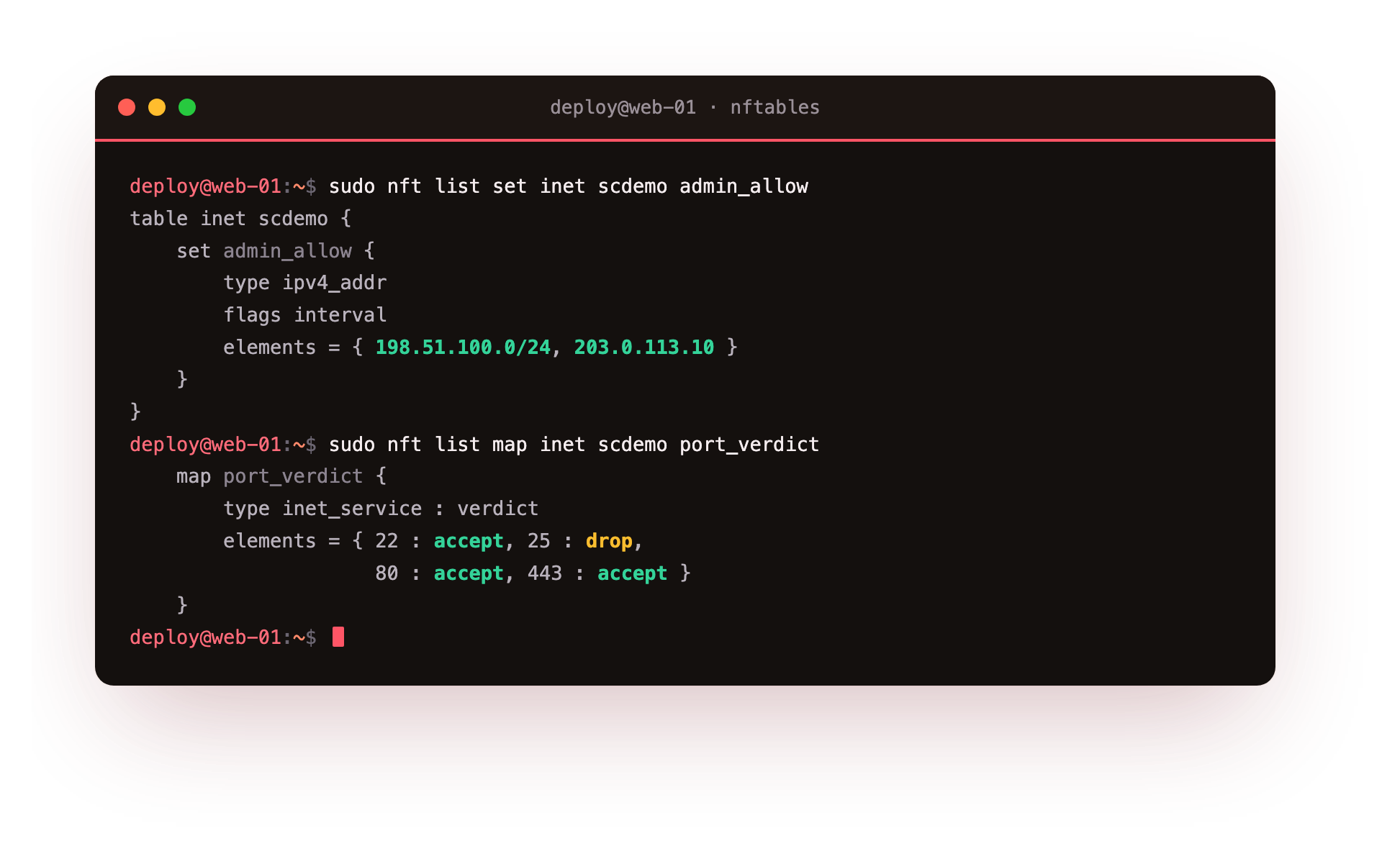 nft list set inet scdemo admin_allow showing a named set of type ipv4_addr holding one host and a documentation subnet, then the port_verdict map pairing ports 22, 80 and 443 with accept and 25 with drop