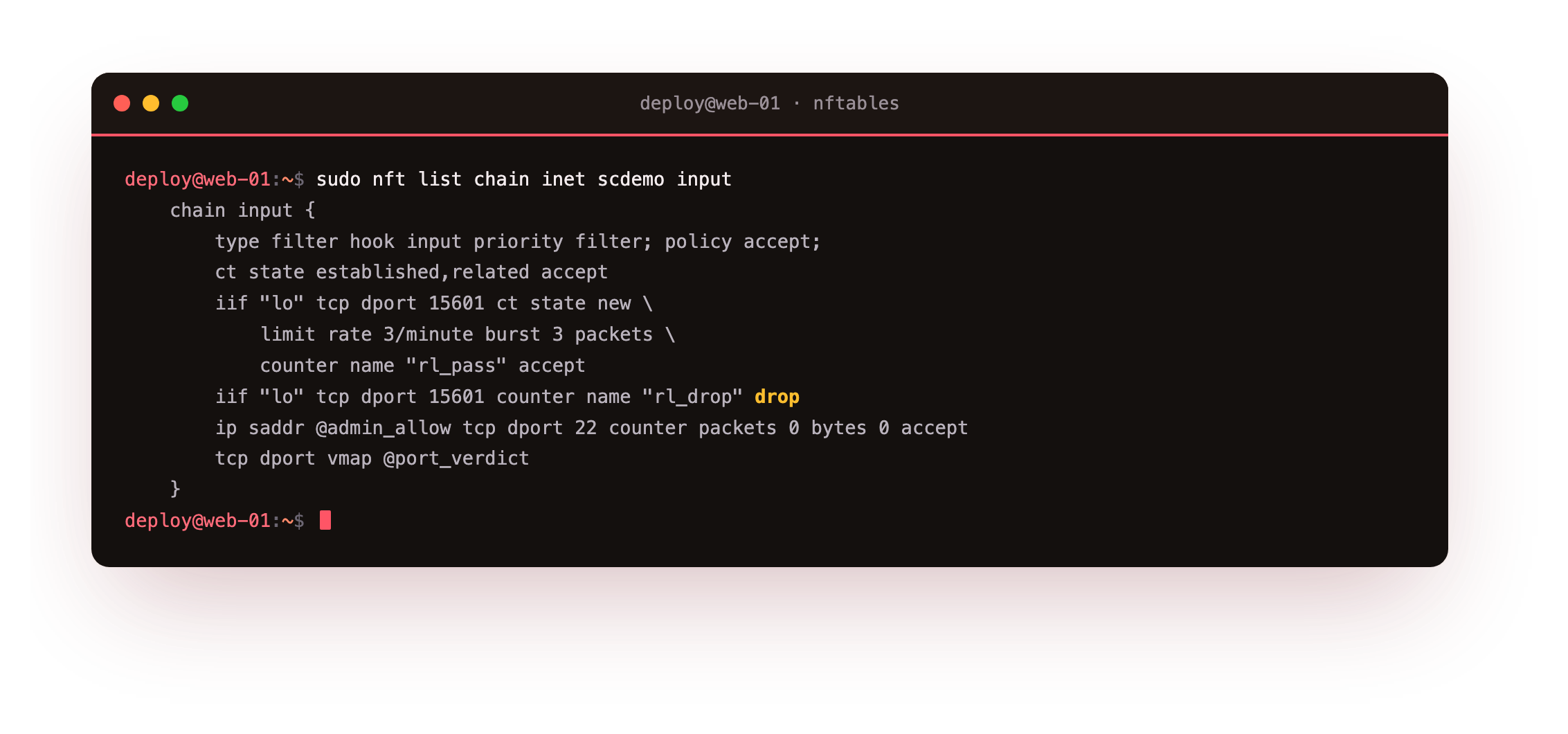 nft list chain inet scdemo input showing each rule with its inline packet and byte counter, including the rate-limit accept rule and the drop rule that caught the over-limit traffic