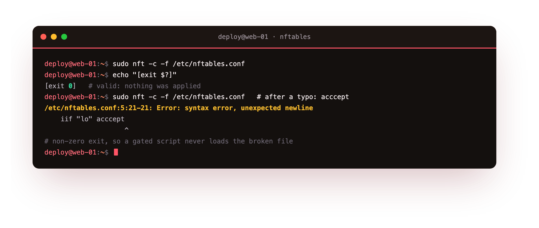 nft -c -f checking a config file and applying nothing: a clean file producing no output and a zero exit, then a misspelled verdict producing a syntax error with the offending line and column marked
