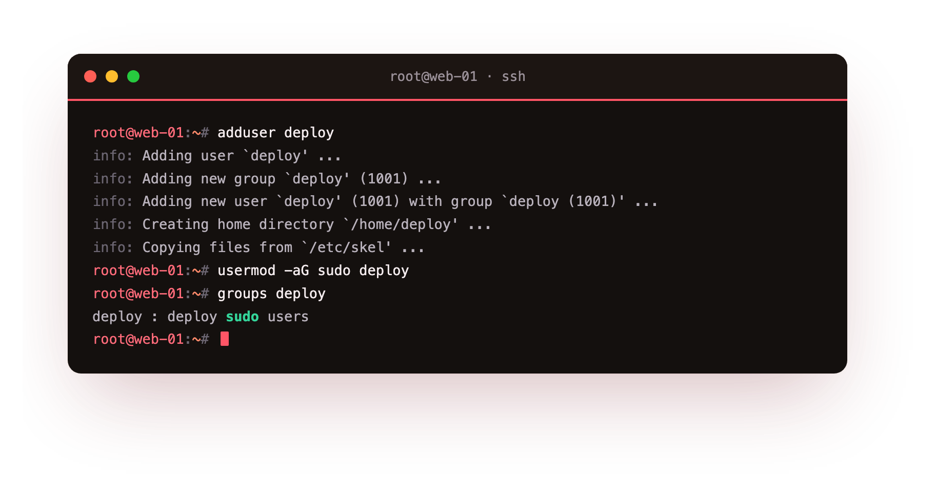 Creating the deploy user and adding it to sudo