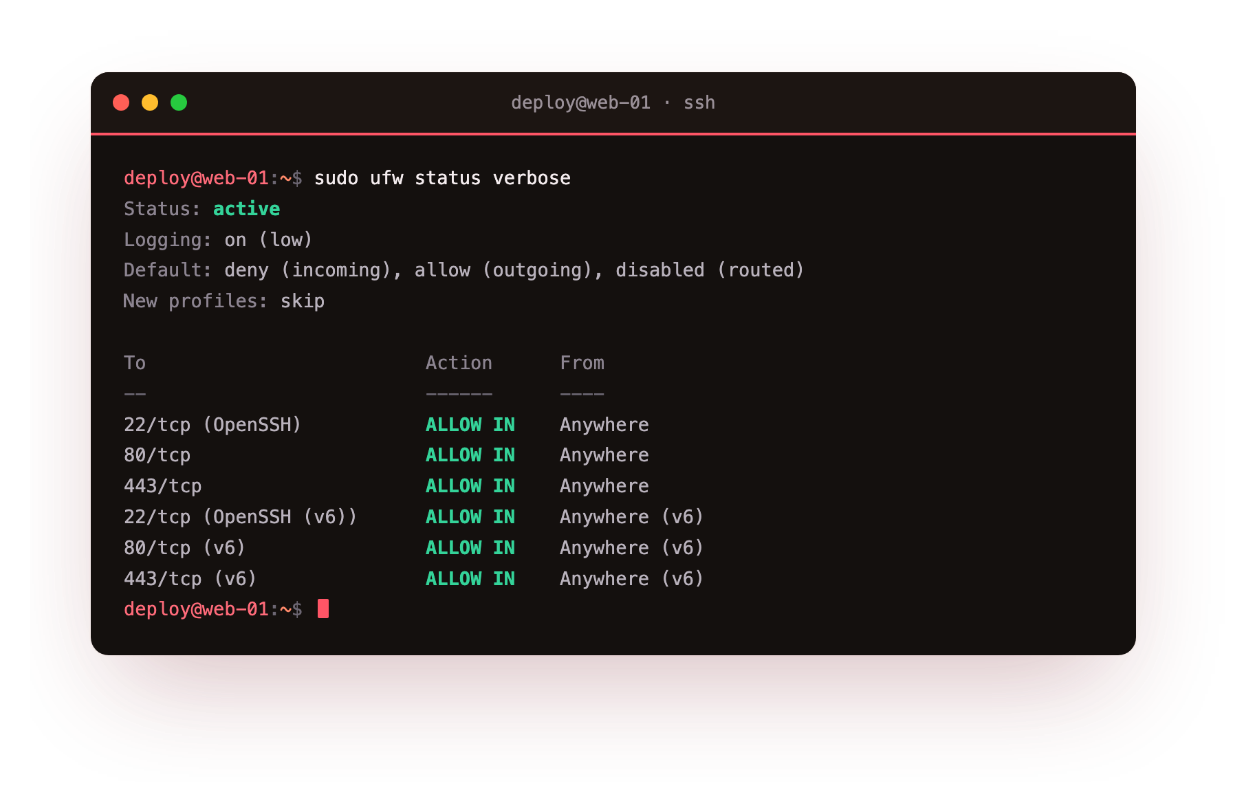 UFW active with only SSH and web ports allowed