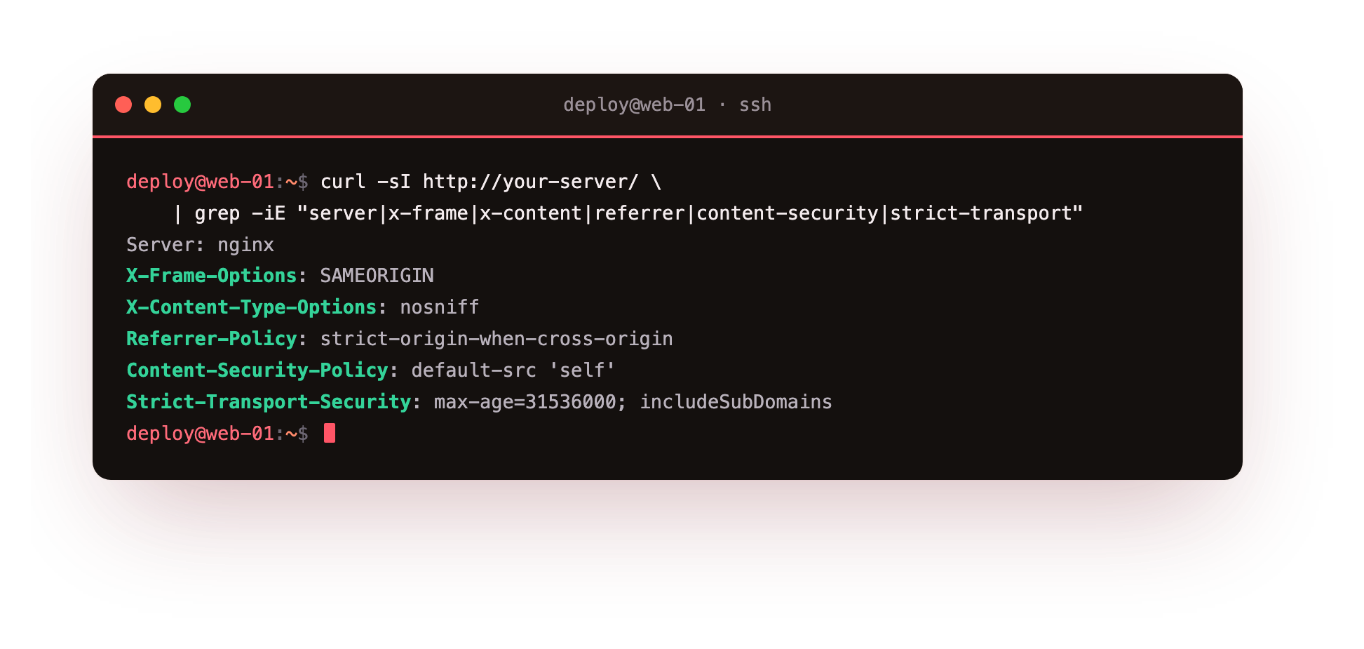 All five security headers present, version hidden